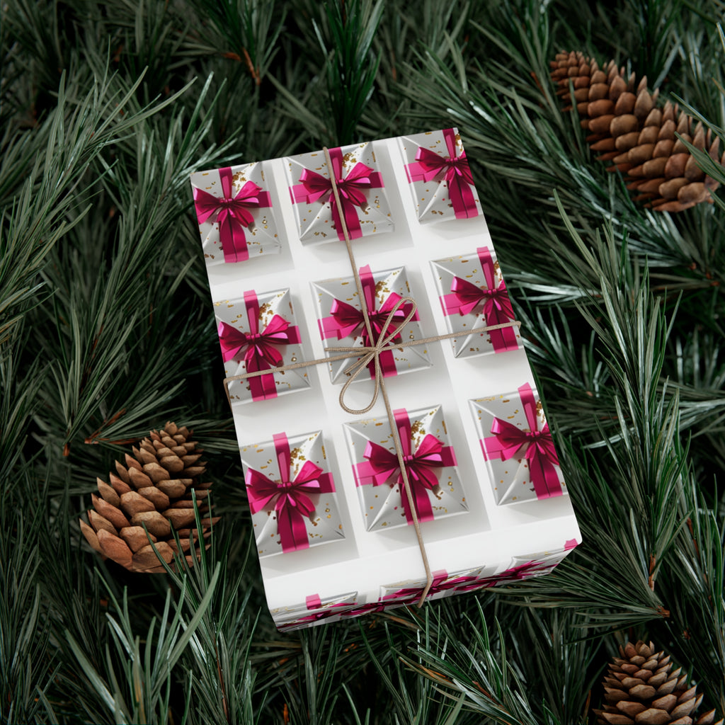 Wrapping Paper, Elegantly Wrapped Gifts On White Background with Hot Pink Bows - Gift Wrap Rolls, Eco-Friendly Gift Wrap, Holiday