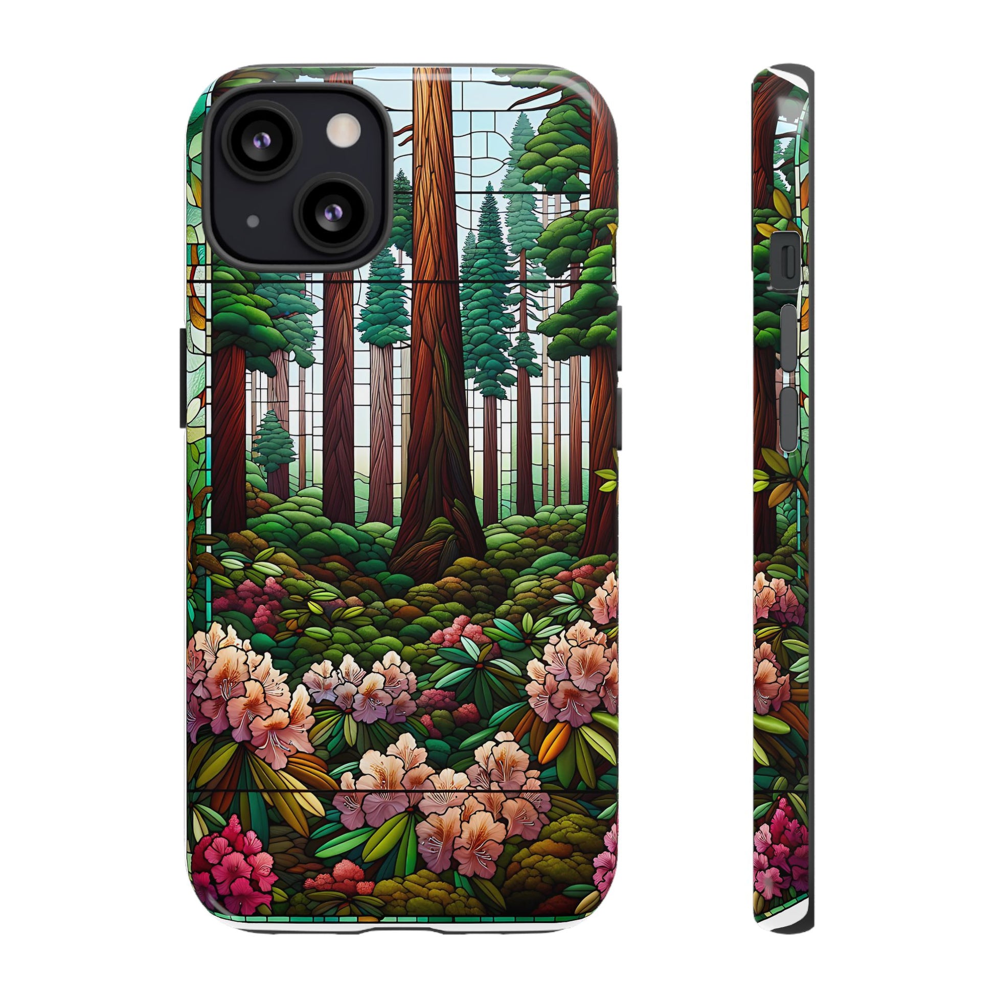 Nature Inspired Tough Cases - Redwood Trees & Rhododendrons Stained Glass iPhone Cover, Protective Phone Shell, Unique Samsung Galaxy Case,