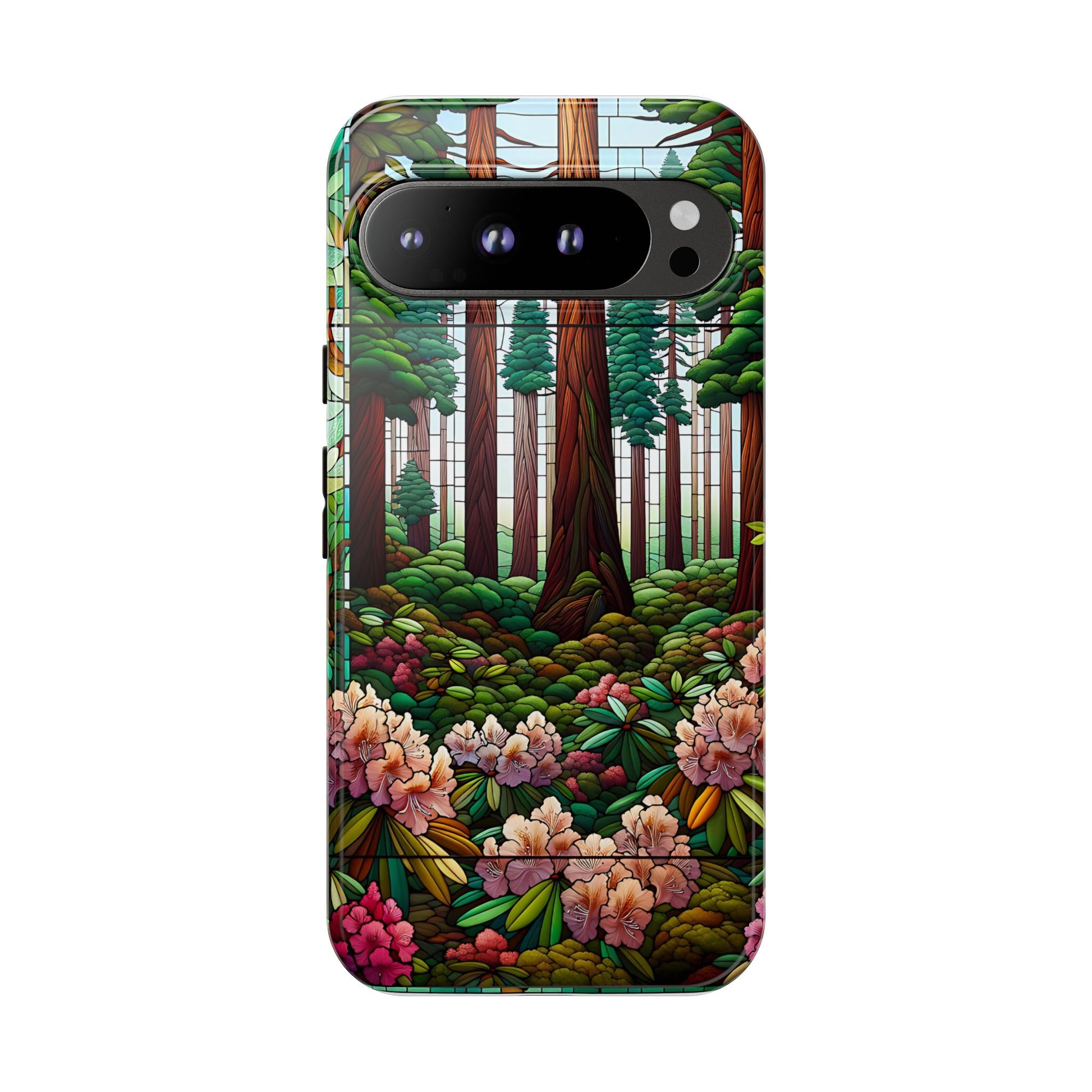 Nature Inspired Tough Cases - Redwood Trees & Rhododendrons Stained Glass iPhone Cover, Protective Phone Shell, Unique Samsung Galaxy Case,