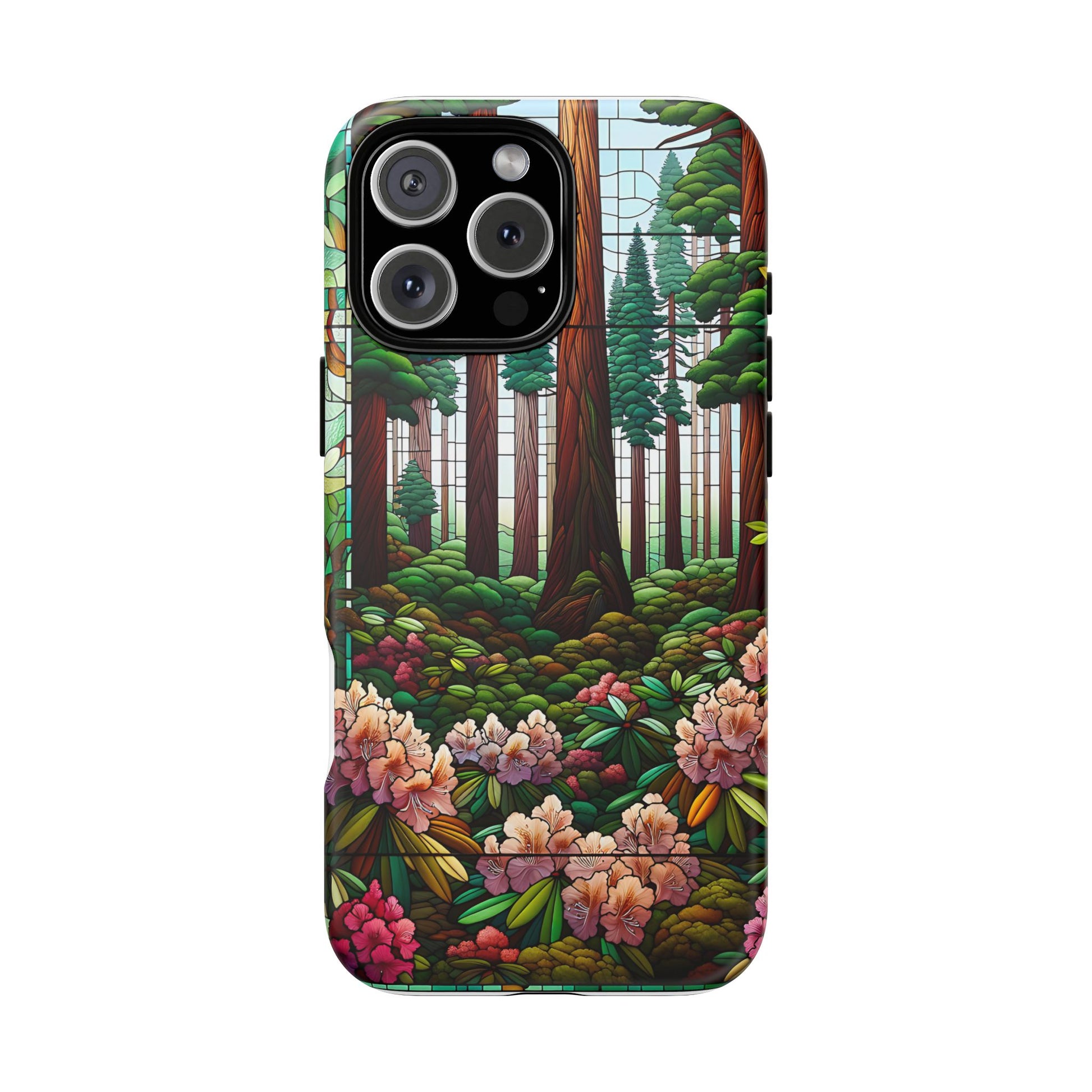 Nature Inspired Tough Cases - Redwood Trees & Rhododendrons Stained Glass iPhone Cover, Protective Phone Shell, Unique Samsung Galaxy Case,