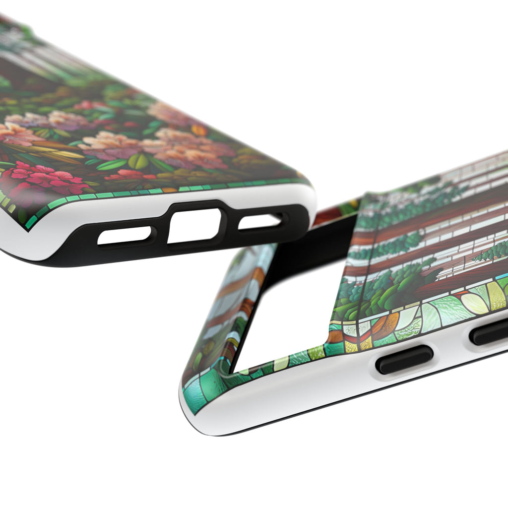 Nature Inspired Tough Cases - Redwood Trees & Rhododendrons Stained Glass iPhone Cover, Protective Phone Shell, Unique Samsung Galaxy Case,