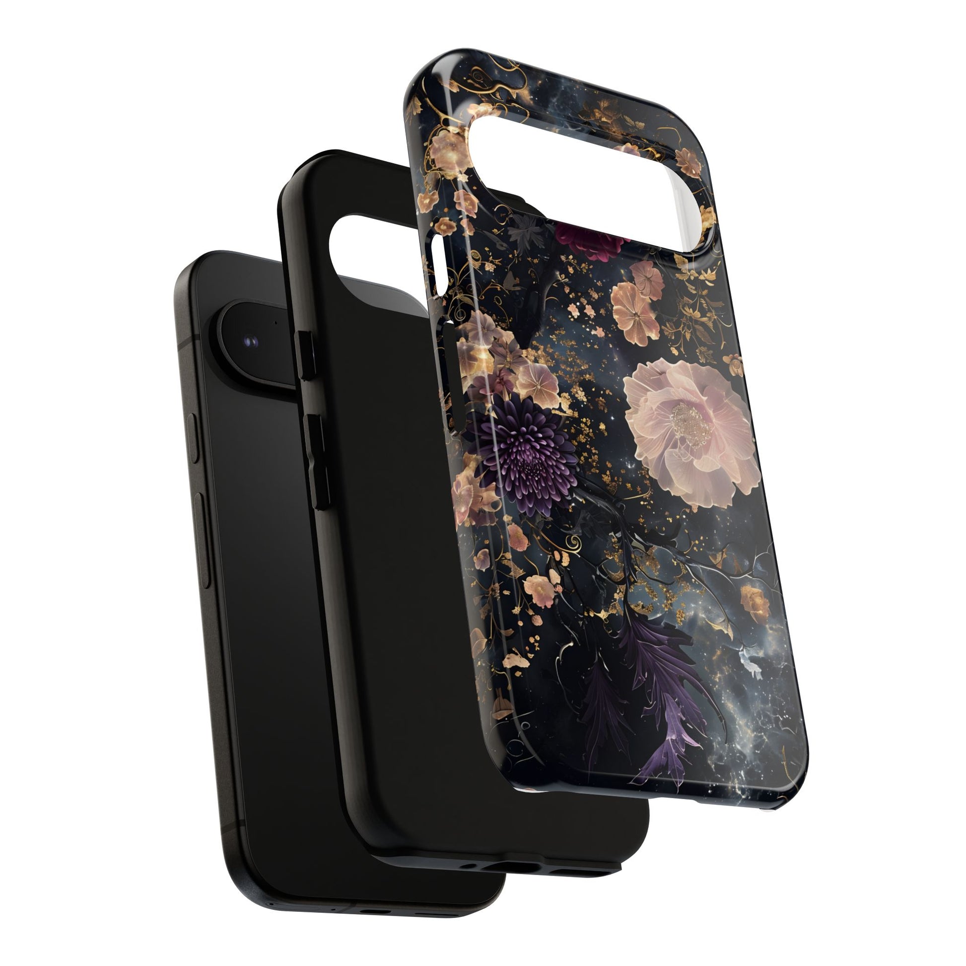 Phone Case, Whimsical Floral Pattern Against Cosmic Nebulous Background. Galaxy, Space, Tough Protective Cover, Unique Gift, Trendy