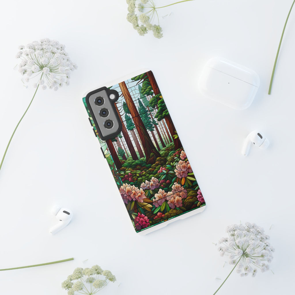 Nature Inspired Tough Cases - Redwood Trees & Rhododendrons Stained Glass iPhone Cover, Protective Phone Shell, Unique Samsung Galaxy Case,