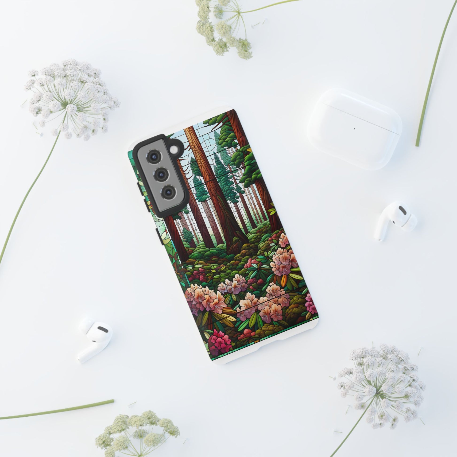 Nature Inspired Tough Cases - Redwood Trees & Rhododendrons Stained Glass iPhone Cover, Protective Phone Shell, Unique Samsung Galaxy Case,