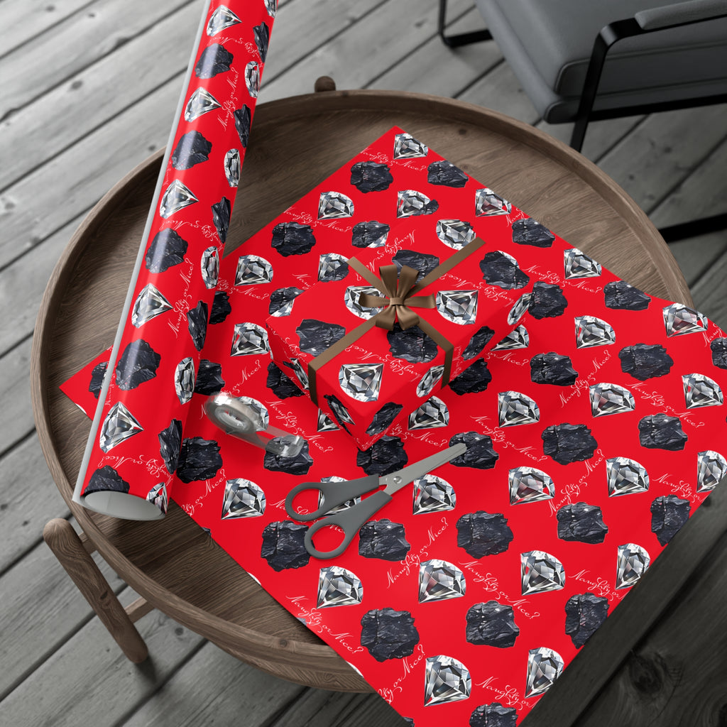 Wrapping Paper, Naughty or Nice Diamonds and Coal on Red Background - Gift Wrap Rolls, Eco-Friendly, Holiday, Christmas Gifts