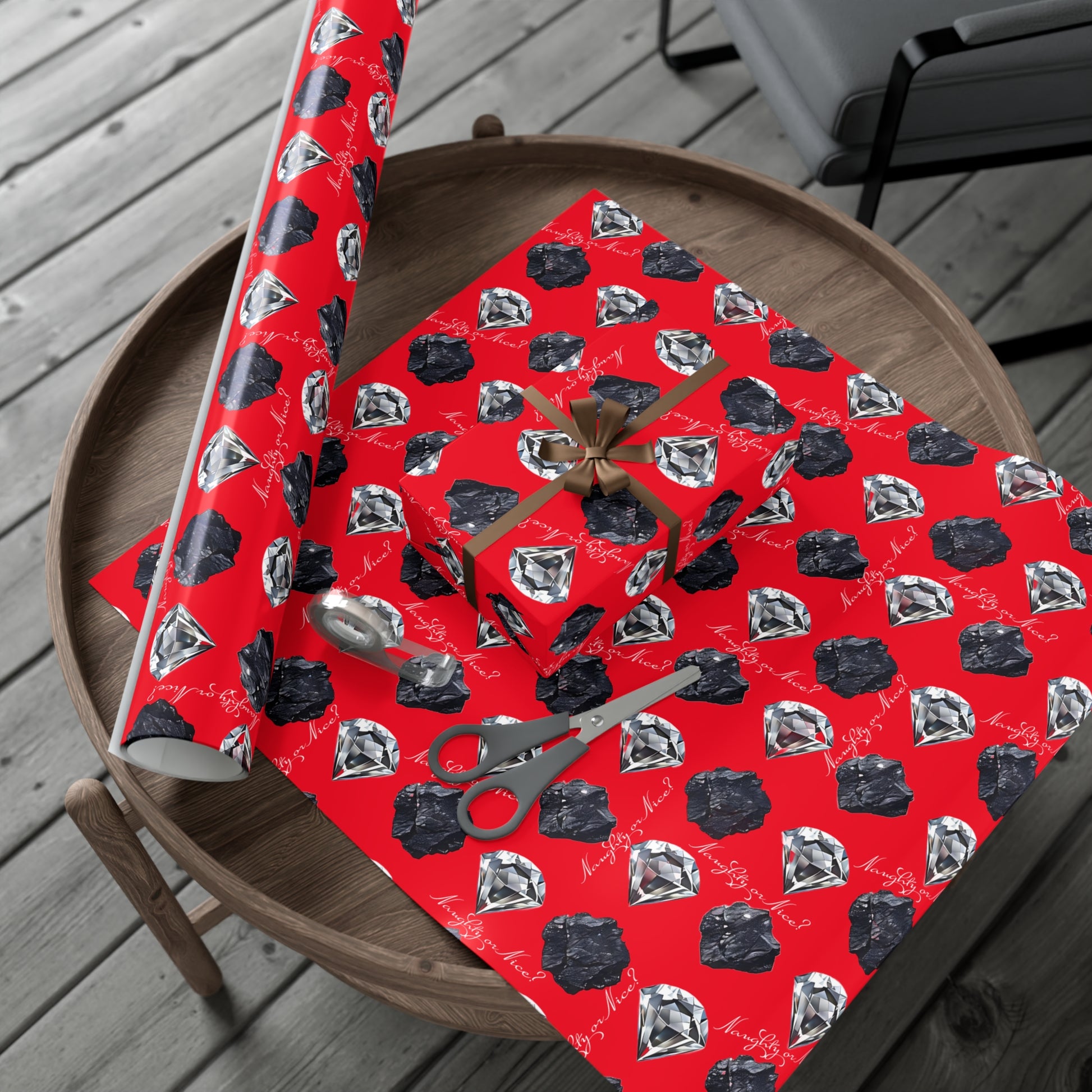 Wrapping Paper, Naughty or Nice Diamonds and Coal on Red Background - Gift Wrap Rolls, Eco-Friendly, Holiday, Christmas Gifts