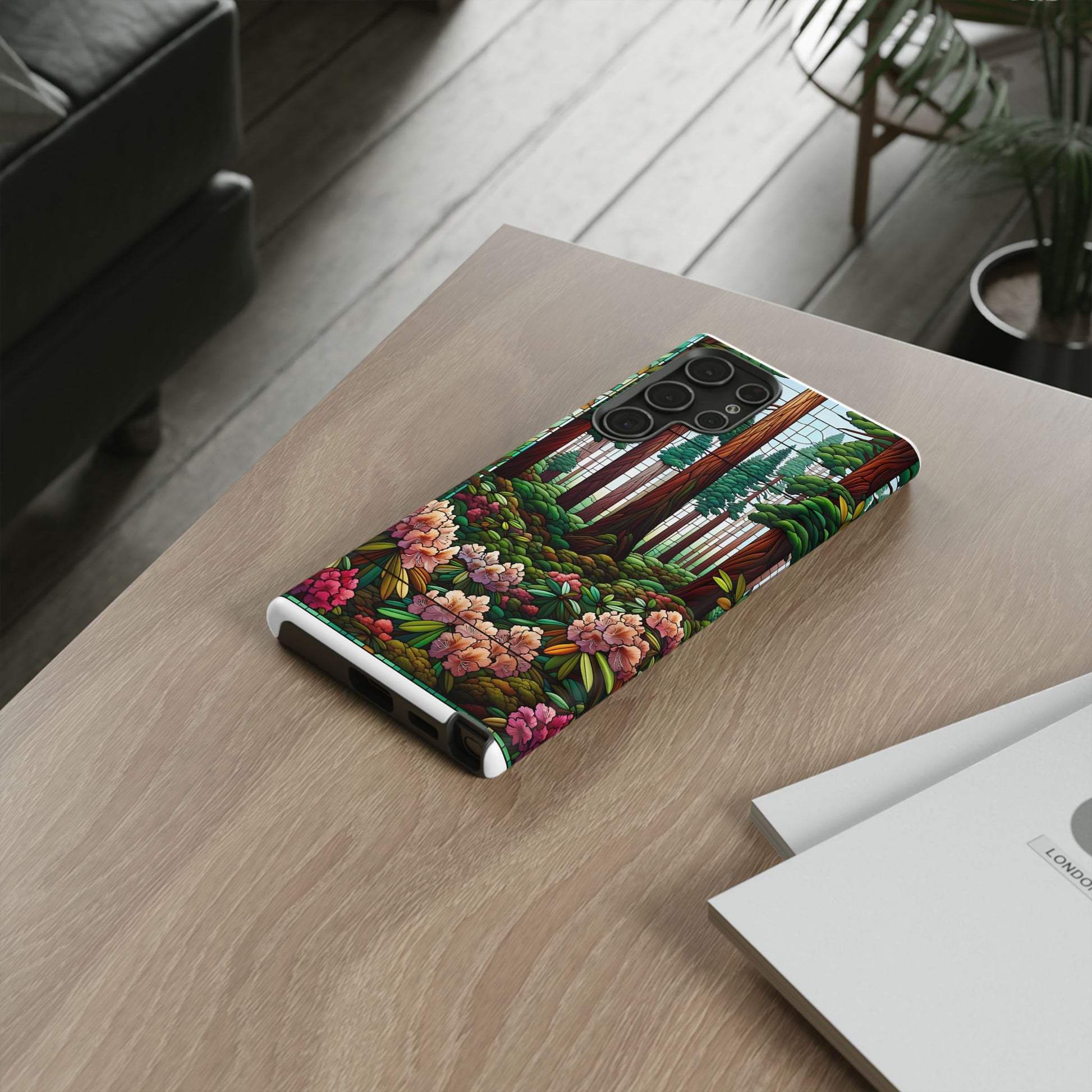 Nature Inspired Tough Cases - Redwood Trees & Rhododendrons Stained Glass iPhone Cover, Protective Phone Shell, Unique Samsung Galaxy Case,