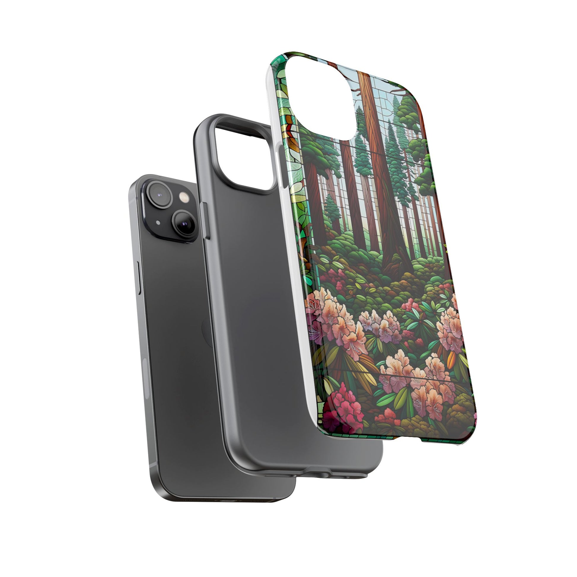 Nature Inspired Tough Cases - Redwood Trees & Rhododendrons Stained Glass iPhone Cover, Protective Phone Shell, Unique Samsung Galaxy Case,