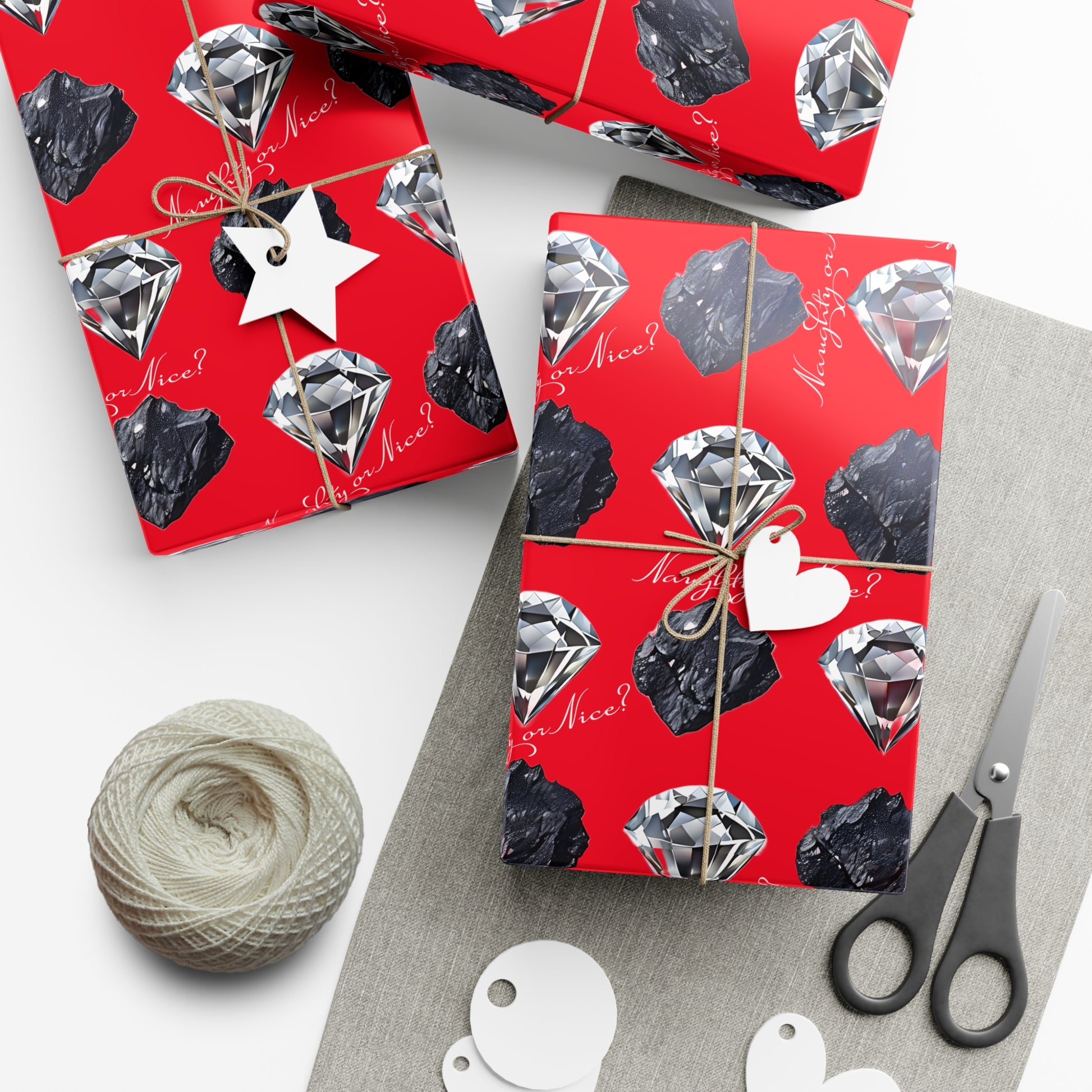 Wrapping Paper, Naughty or Nice Diamonds and Coal on Red Background - Gift Wrap Rolls, Eco-Friendly, Holiday, Christmas Gifts
