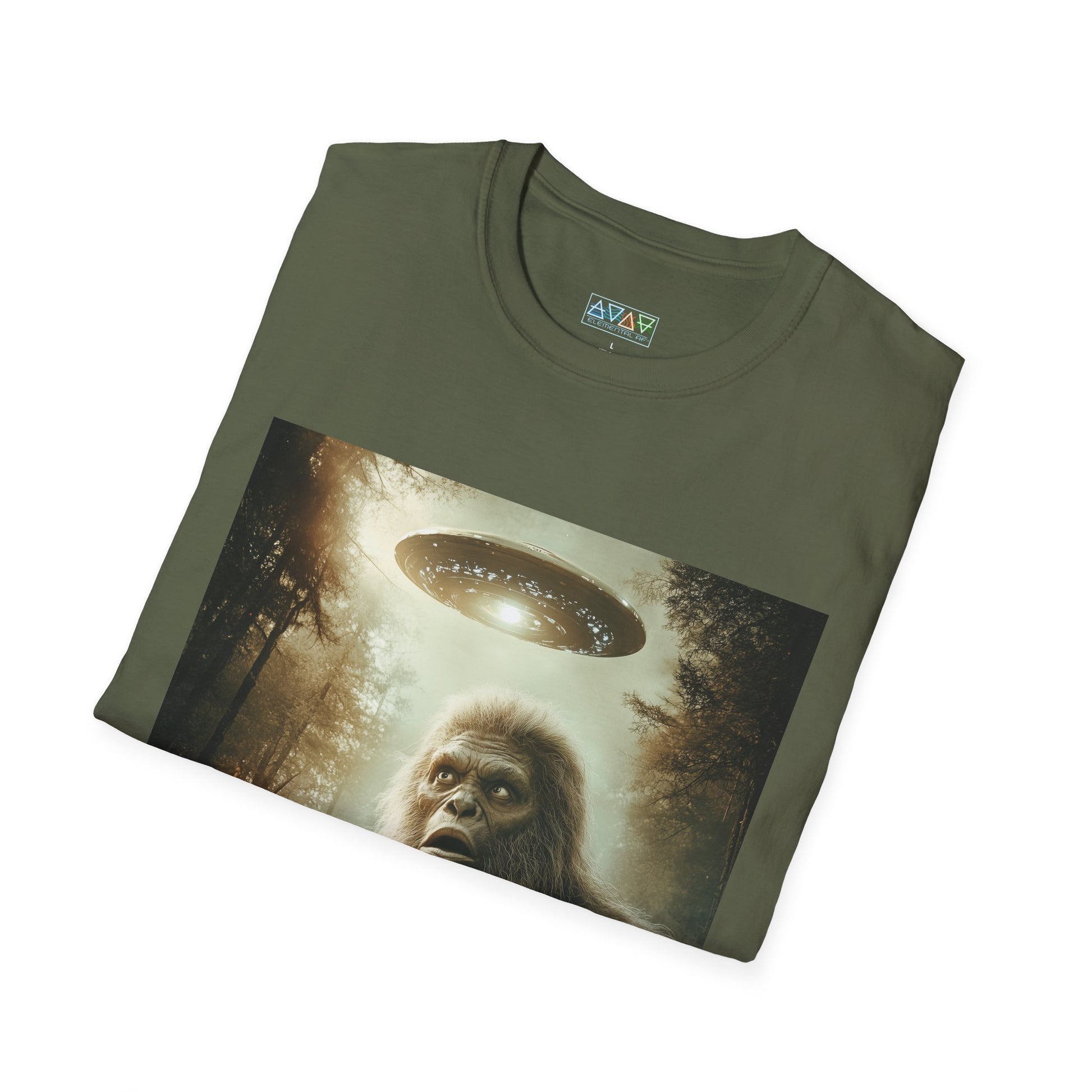 Bigfoot UFO Unisex Softstyle T-Shirt, Funny Graphic Tee, Sasquatch Clothing, Alien Lover Gift, Outdoor Adventure Tee, Casual Wear