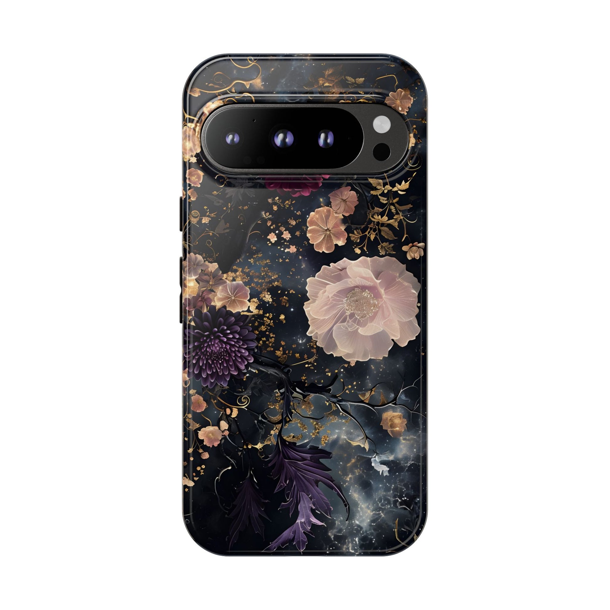 Phone Case, Whimsical Floral Pattern Against Cosmic Nebulous Background. Galaxy, Space, Tough Protective Cover, Unique Gift, Trendy
