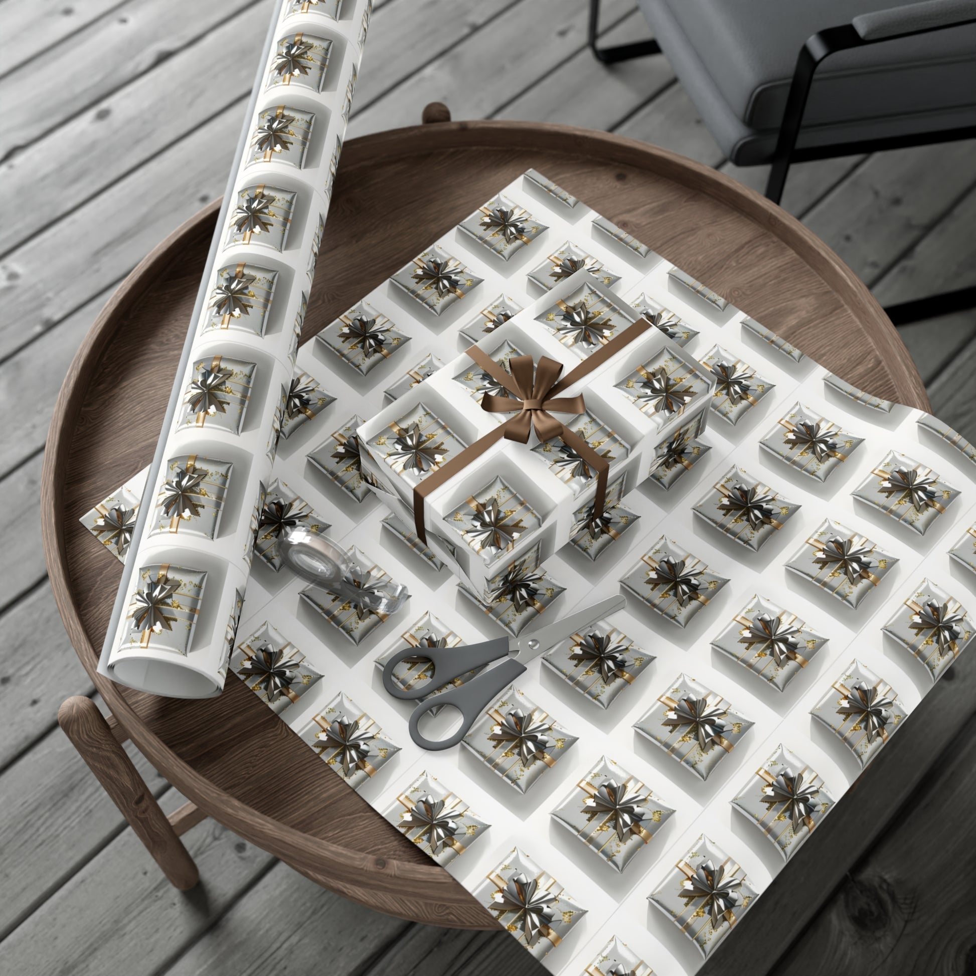 Wrapping Paper, Elegantly Wrapped Gifts On White Background with Silver & Gold Bows - Gift Wrap Rolls, Eco-Friendly Gift Wrap, Holiday