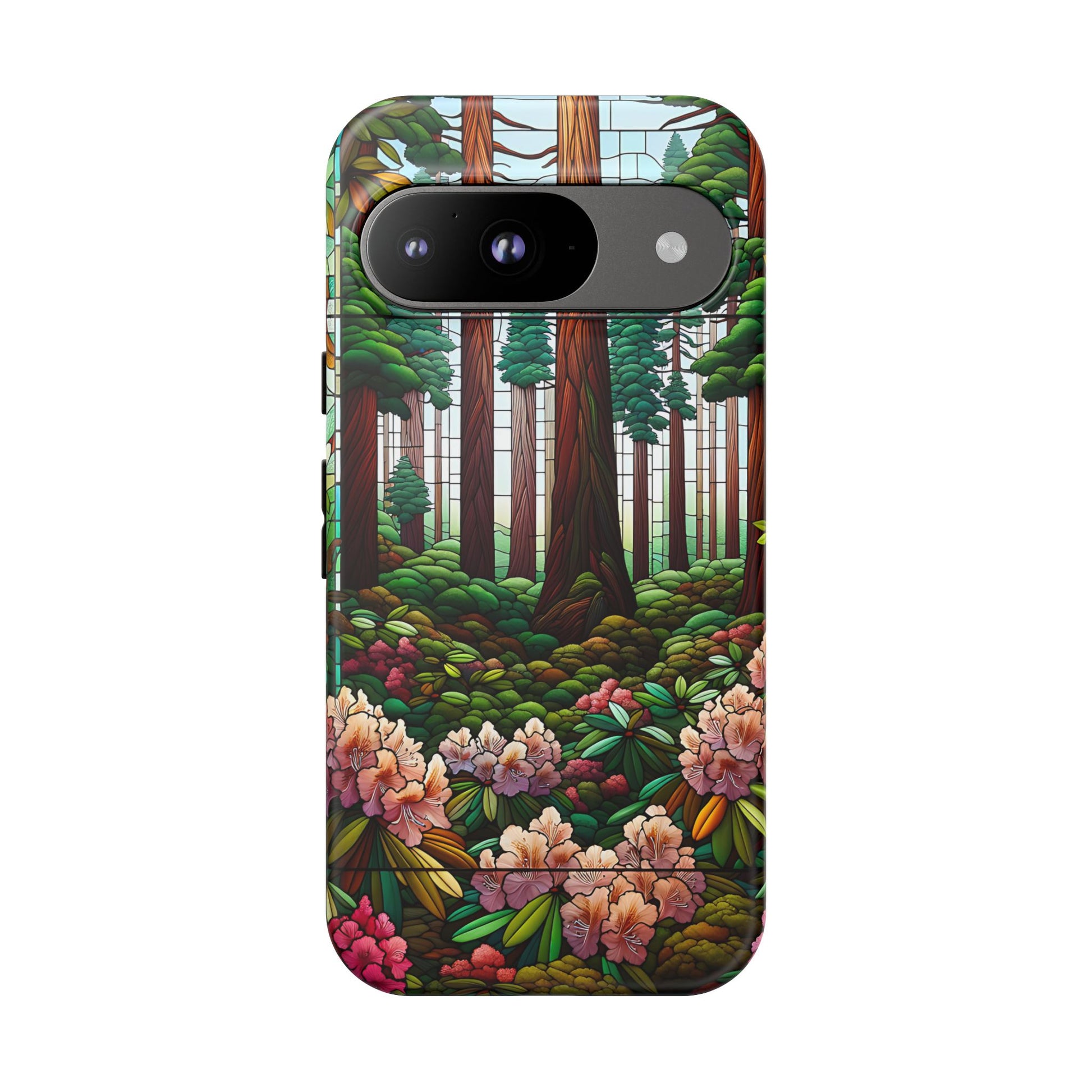 Nature Inspired Tough Cases - Redwood Trees & Rhododendrons Stained Glass iPhone Cover, Protective Phone Shell, Unique Samsung Galaxy Case,
