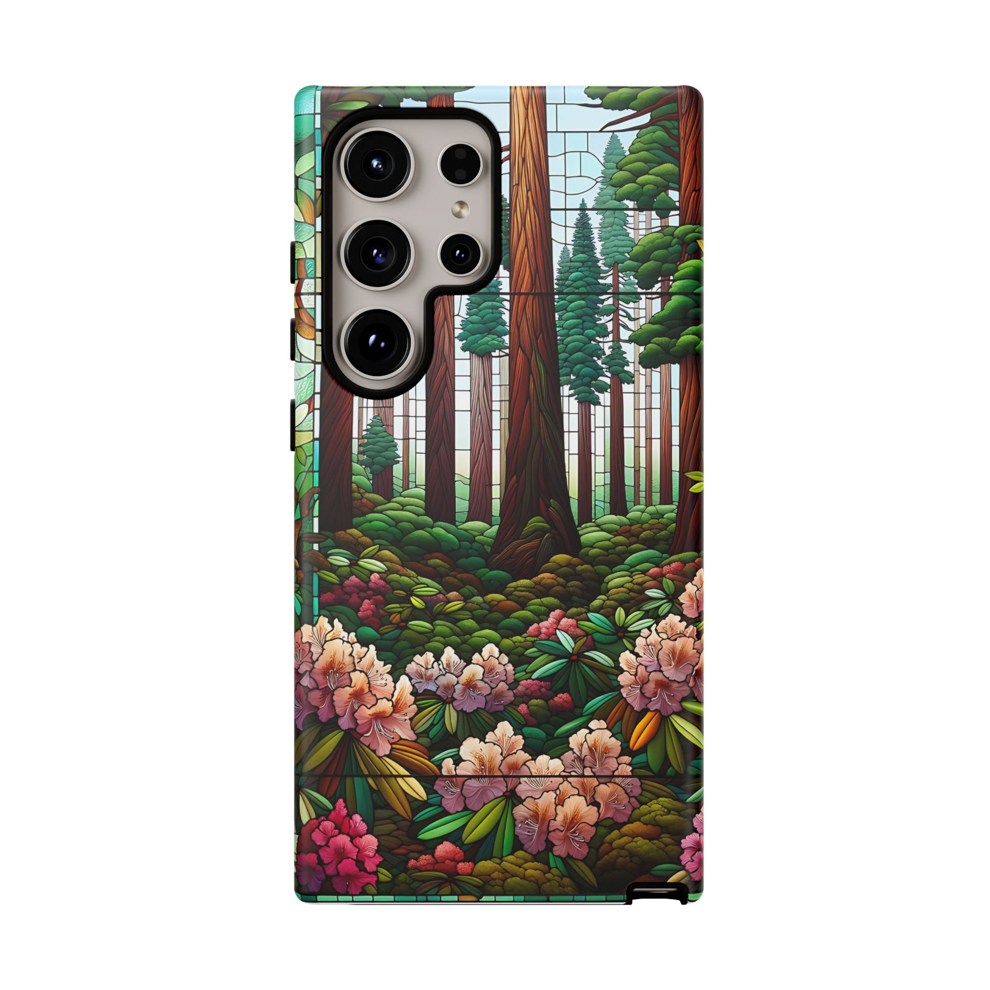 Nature Inspired Tough Cases - Redwood Trees & Rhododendrons Stained Glass iPhone Cover, Protective Phone Shell, Unique Samsung Galaxy Case,