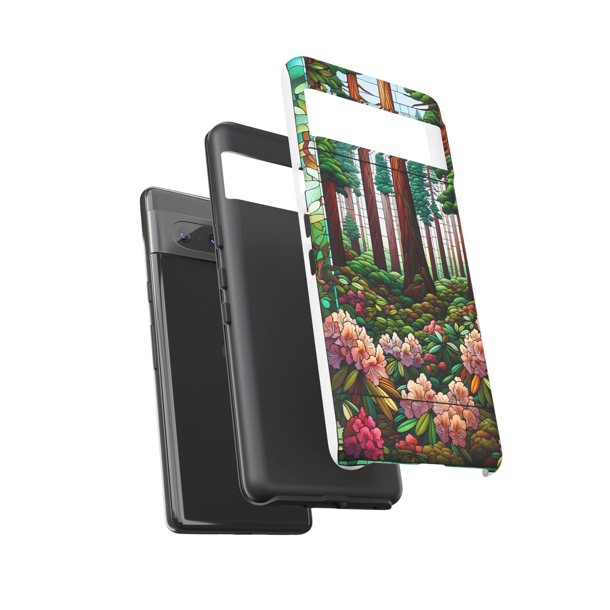 Nature Inspired Tough Cases - Redwood Trees & Rhododendrons Stained Glass iPhone Cover, Protective Phone Shell, Unique Samsung Galaxy Case,