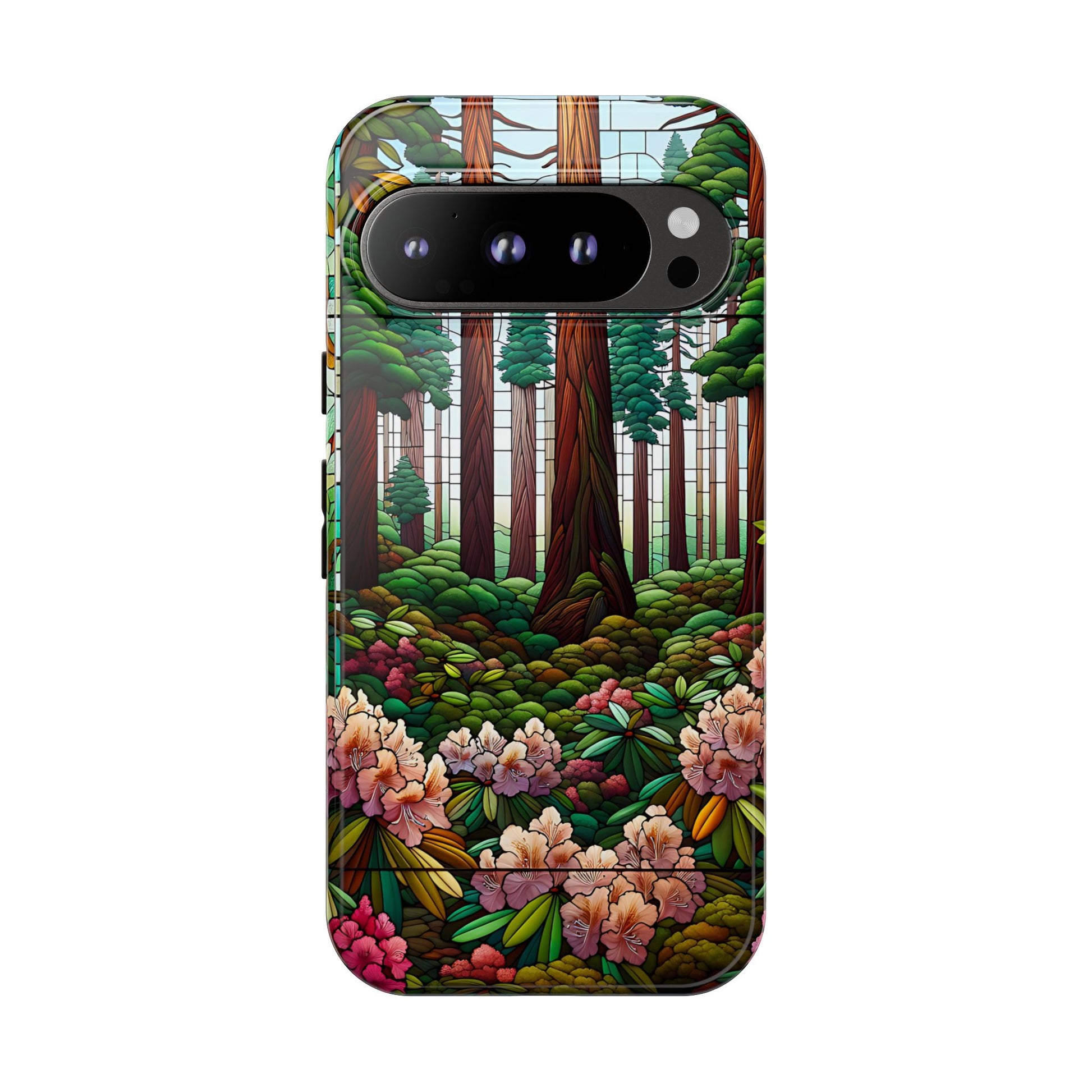 Nature Inspired Tough Cases - Redwood Trees & Rhododendrons Stained Glass iPhone Cover, Protective Phone Shell, Unique Samsung Galaxy Case,