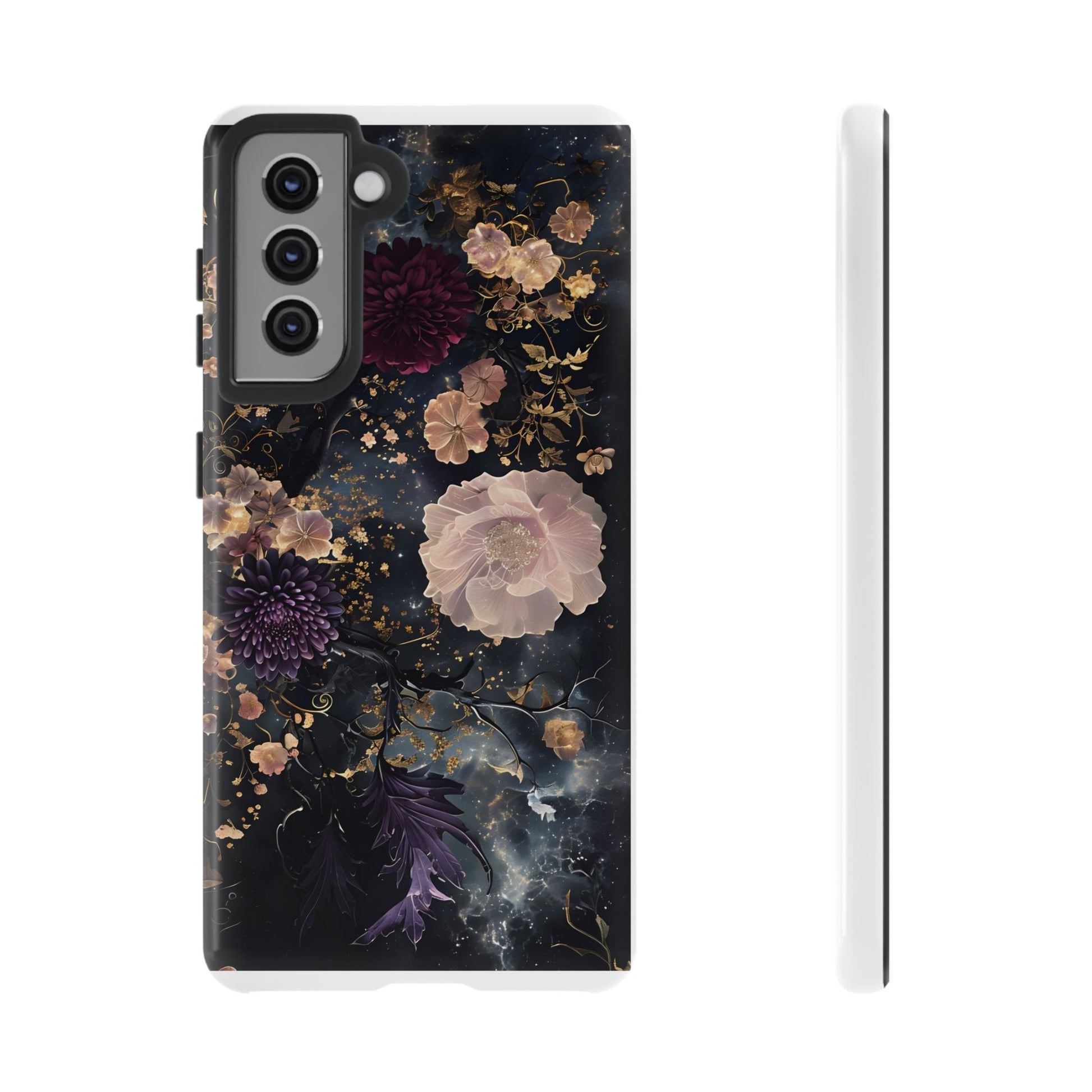 Phone Case, Whimsical Floral Pattern Against Cosmic Nebulous Background. Galaxy, Space, Tough Protective Cover, Unique Gift, Trendy