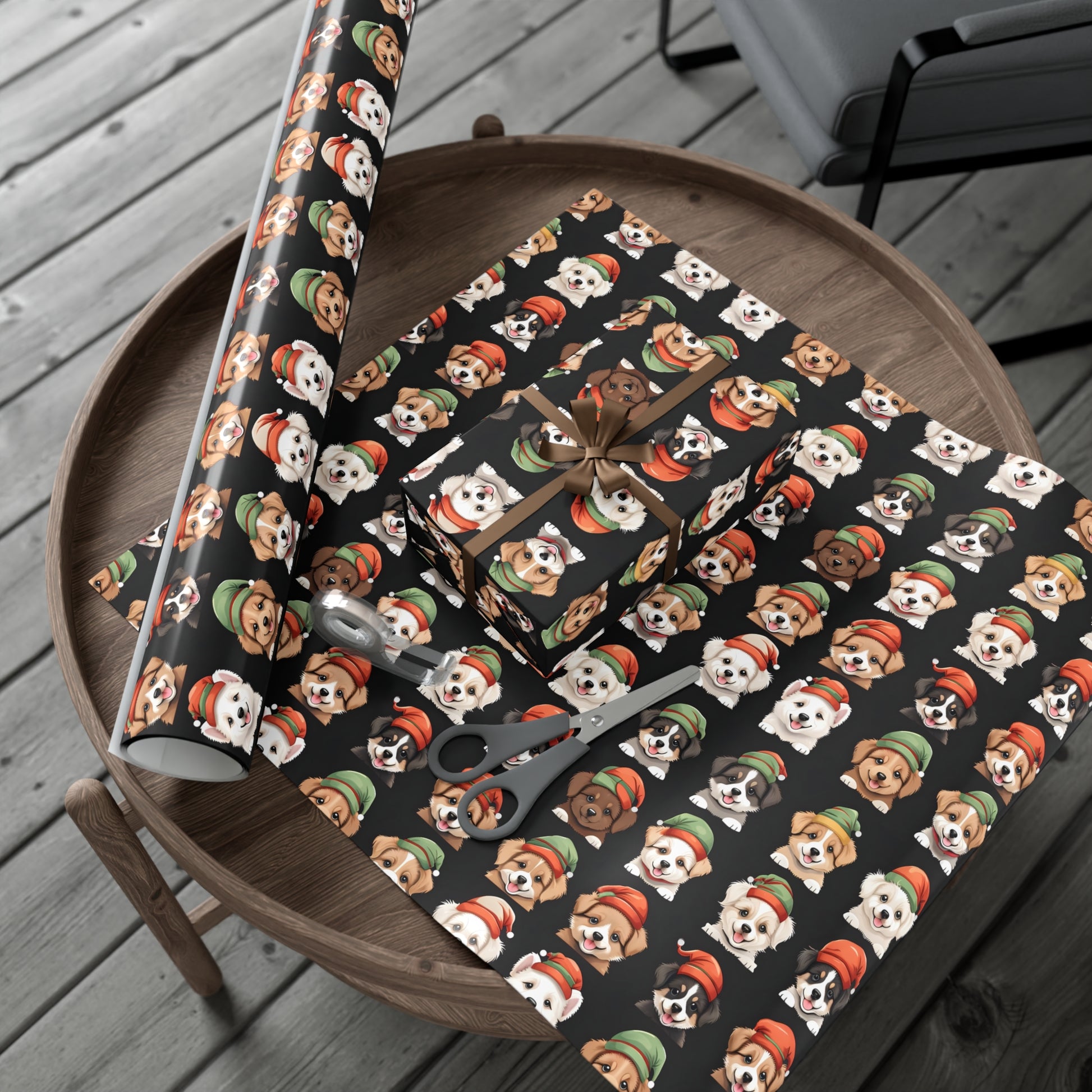 Cute Puppies Elf Caps Gift Wrap Papers - Festive Christmas Wrapping Paper Roll, Holiday Gift Packaging, Adorable Dog Lover Gift Wrap, Pet