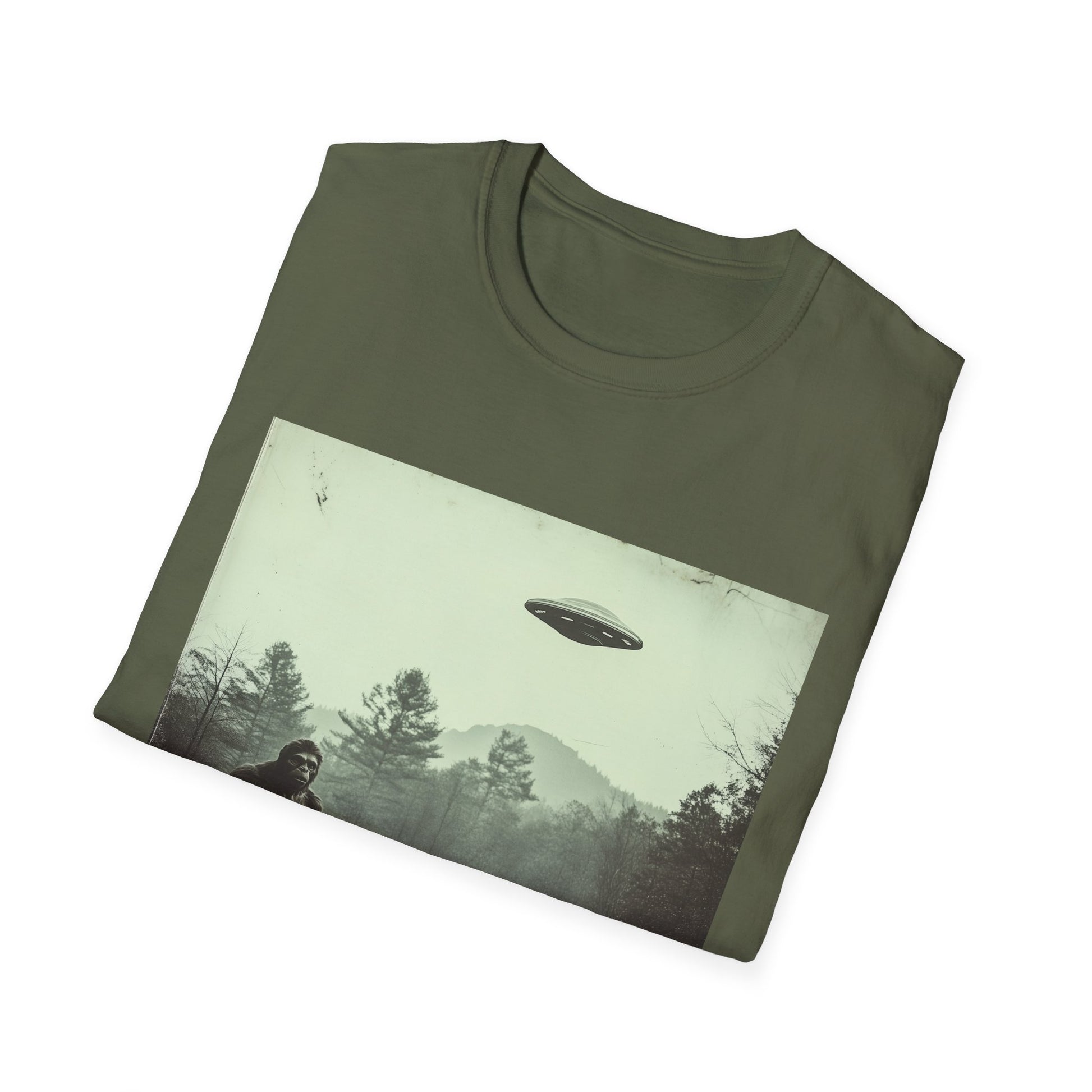 Bigfoot & UFO Unisex T-Shirt, Sasquatch Alien Tee, Cryptid Spaceship Shirt, Extraterrestrial Fantasy Clothing, Funny Yeti Top
