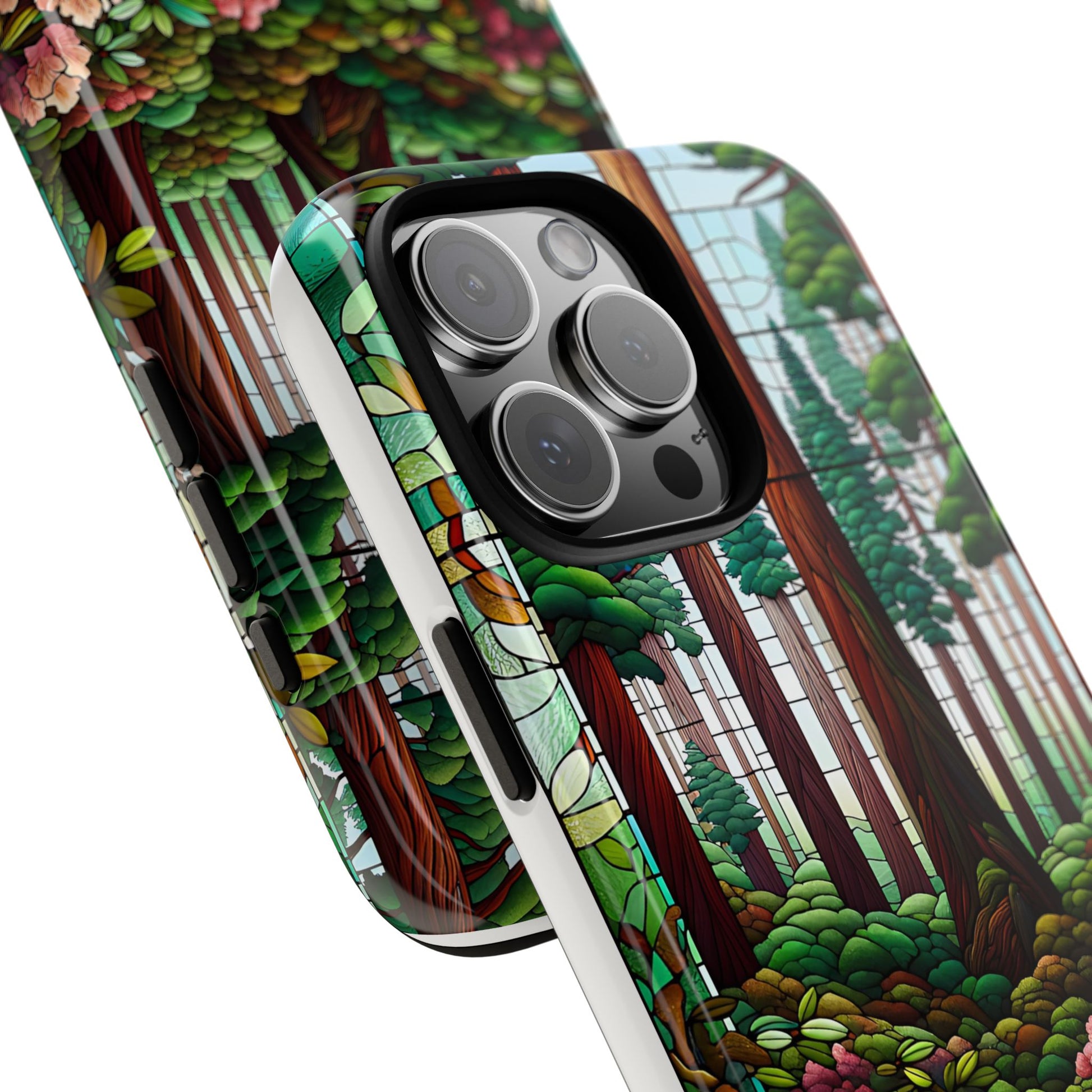 Nature Inspired Tough Cases - Redwood Trees & Rhododendrons Stained Glass iPhone Cover, Protective Phone Shell, Unique Samsung Galaxy Case,