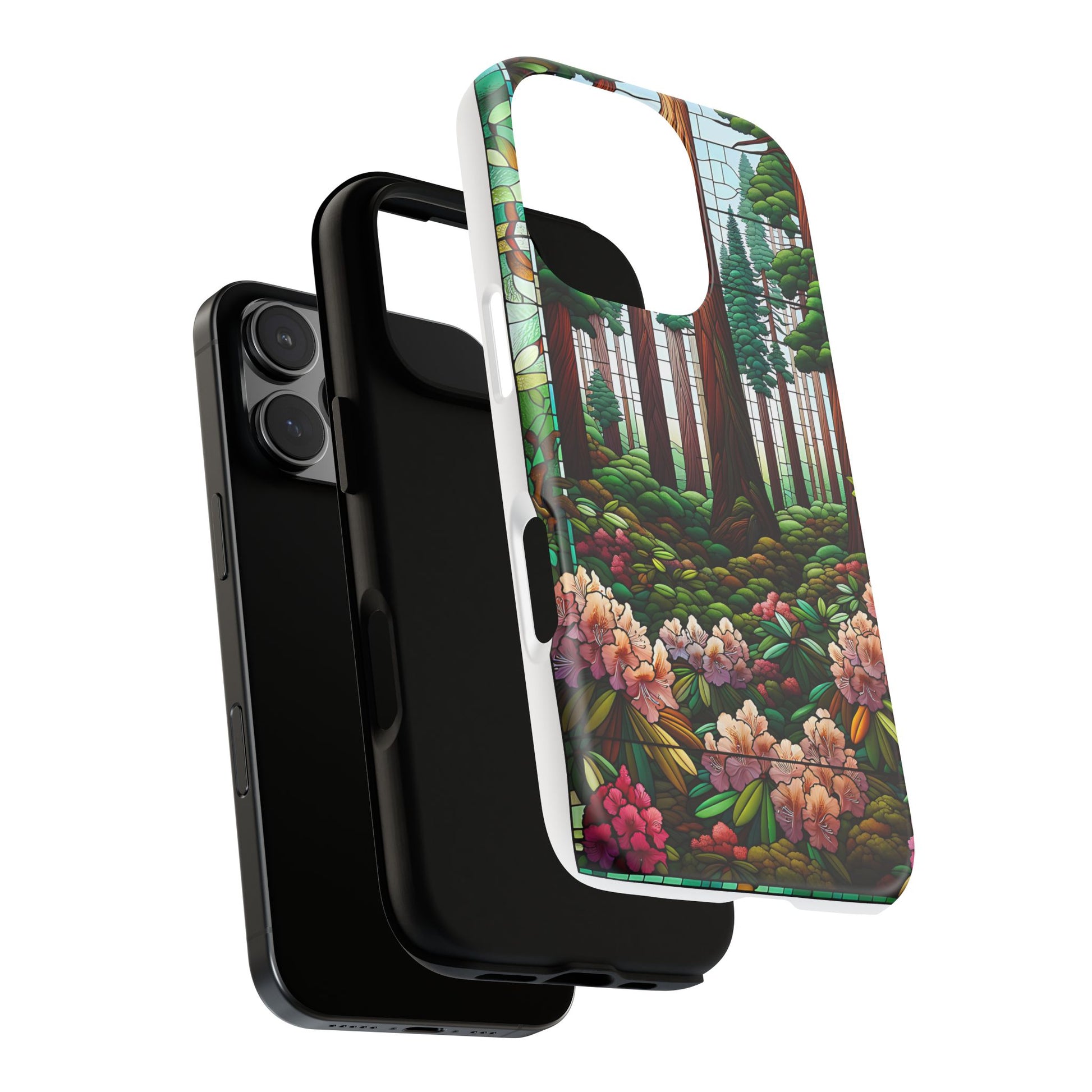 Nature Inspired Tough Cases - Redwood Trees & Rhododendrons Stained Glass iPhone Cover, Protective Phone Shell, Unique Samsung Galaxy Case,