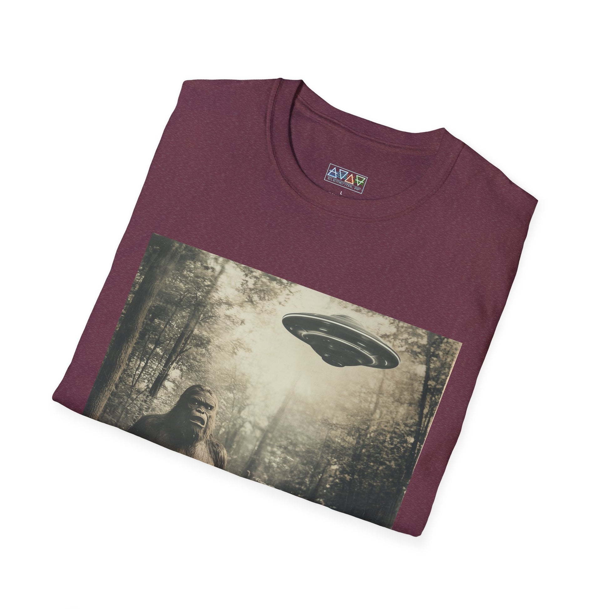 Bigfoot and UFO Unisex T-Shirt, Fun Graphic Tee for Nature Lovers, Quirky Gift for Campers, Outdoor Adventure Apparel