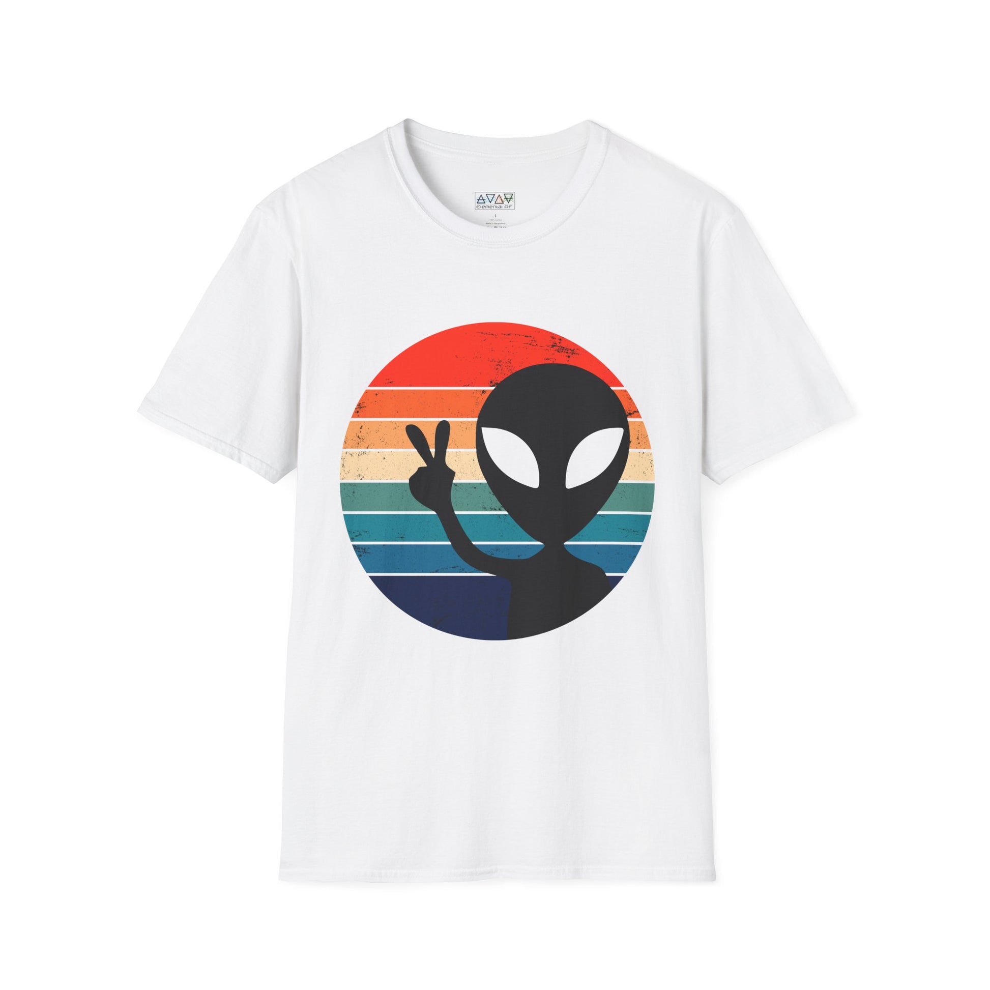 Retro Alien Vibes Unisex Softstyle T-Shirt, Cute Graphic Tee for Casual Wear, Fun Gift for Sci-Fi Lovers, Summer Party Shirt, Peace Sign Tee