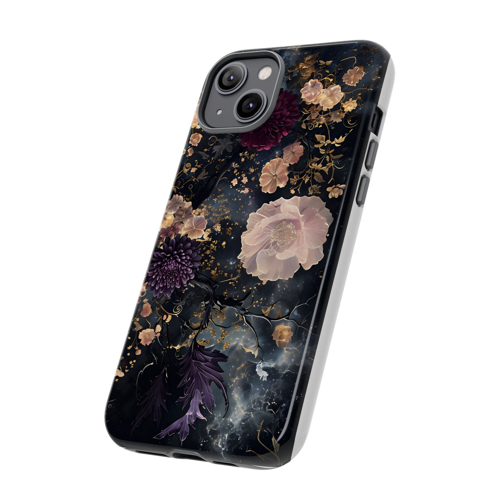 Phone Case, Whimsical Floral Pattern Against Cosmic Nebulous Background. Galaxy, Space, Tough Protective Cover, Unique Gift, Trendy