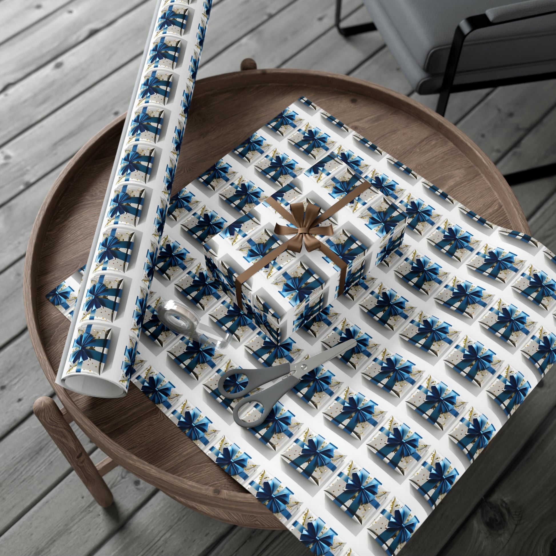 Wrapping Paper, Elegantly Wrapped Gifts On White Background with Blue Bows, Christmas Wrapping, Gift Packaging, Festive Decor, Holiday Gift
