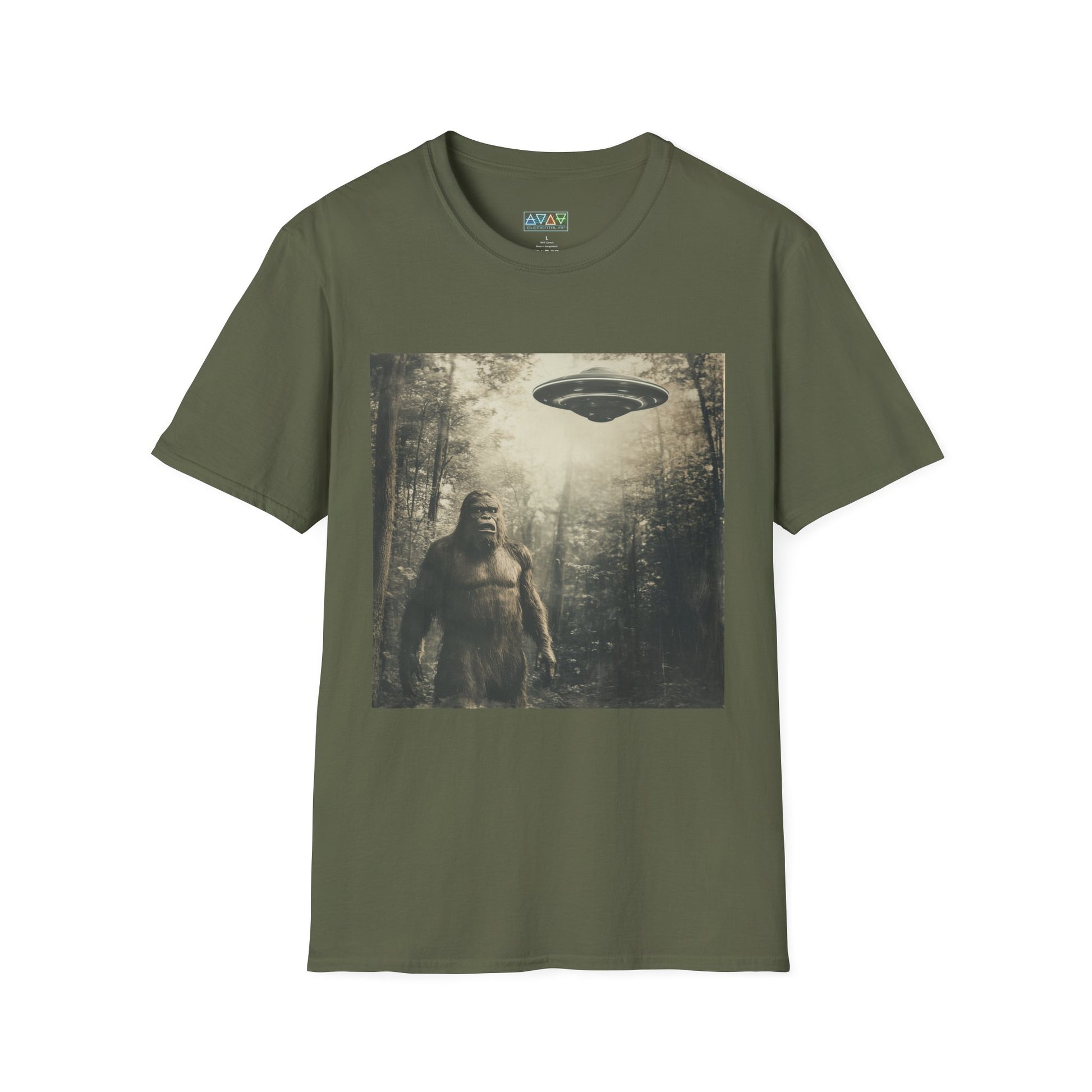 Bigfoot and UFO Unisex T-Shirt, Fun Graphic Tee for Nature Lovers, Quirky Gift for Campers, Outdoor Adventure Apparel