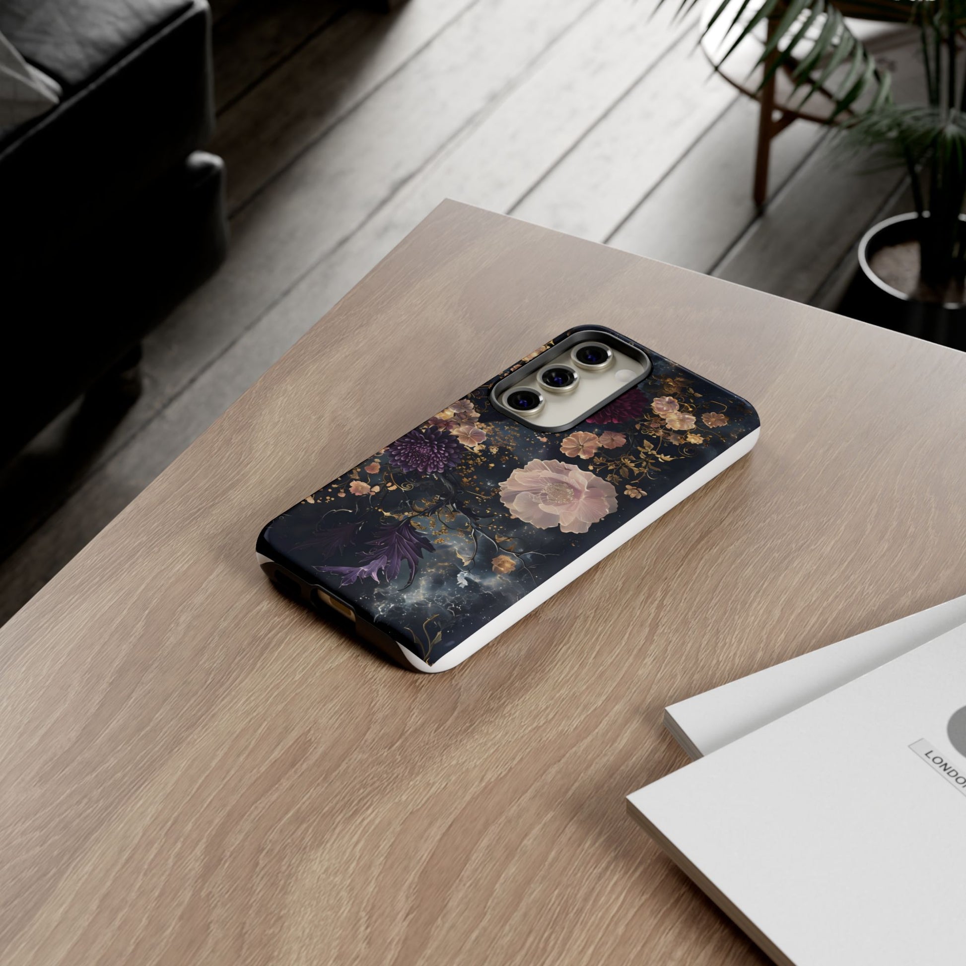 Phone Case, Whimsical Floral Pattern Against Cosmic Nebulous Background. Galaxy, Space, Tough Protective Cover, Unique Gift, Trendy