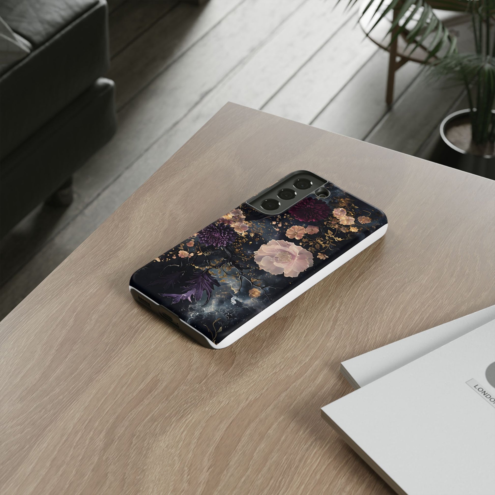 Phone Case, Whimsical Floral Pattern Against Cosmic Nebulous Background. Galaxy, Space, Tough Protective Cover, Unique Gift, Trendy