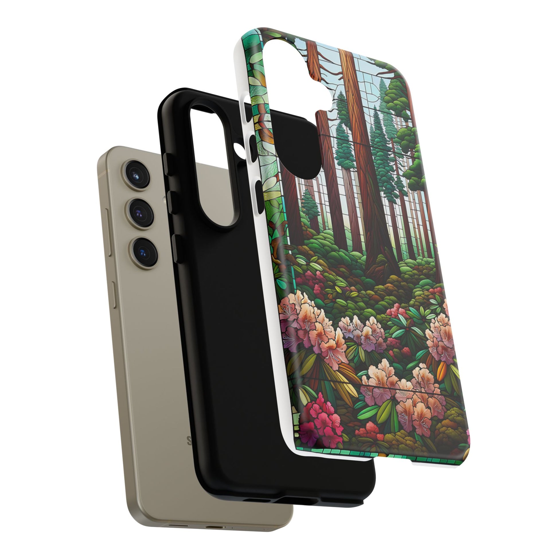 Nature Inspired Tough Cases - Redwood Trees & Rhododendrons Stained Glass iPhone Cover, Protective Phone Shell, Unique Samsung Galaxy Case,