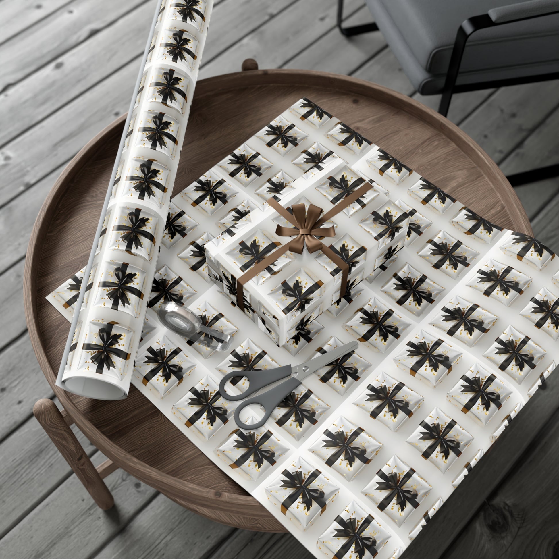 Wrapping Paper, Elegantly Wrapped Gifts On White Background with Black Bows - Gift Wrap Rolls, Eco-Friendly Gift Wrap, Holiday