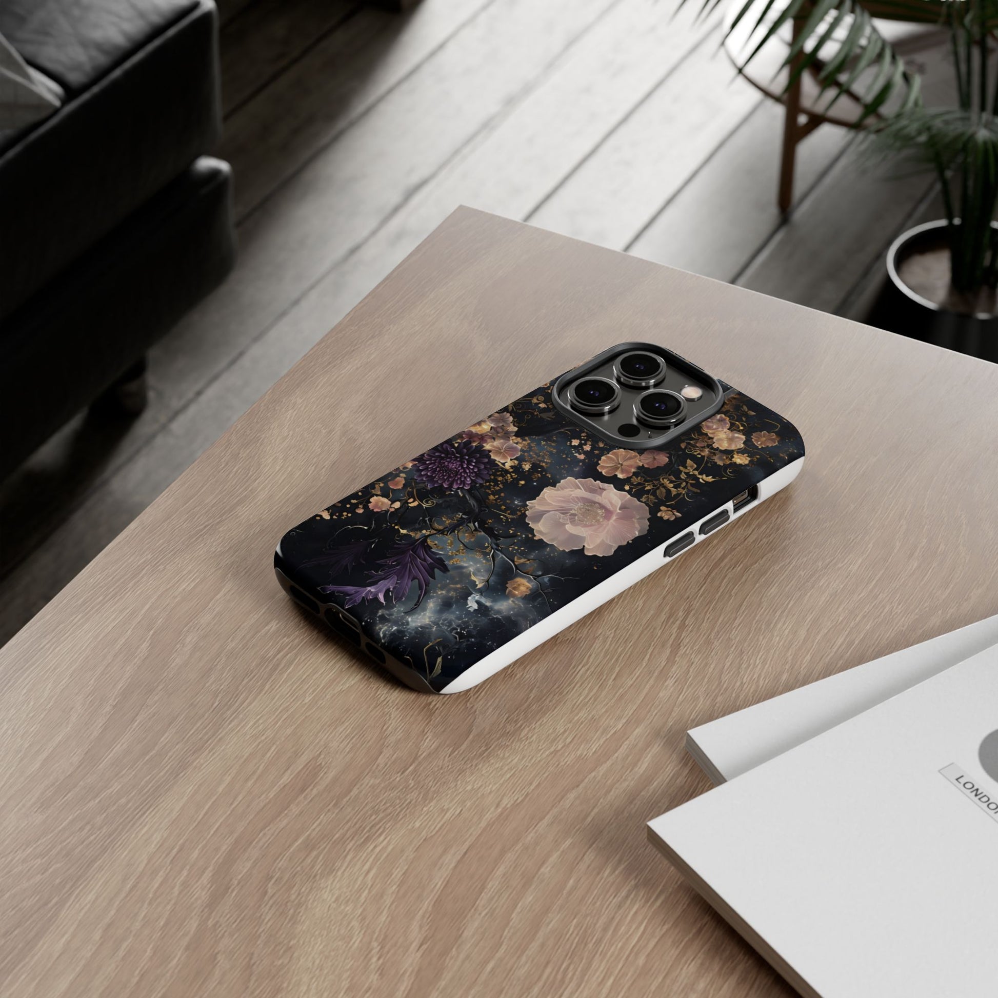 Phone Case, Whimsical Floral Pattern Against Cosmic Nebulous Background. Galaxy, Space, Tough Protective Cover, Unique Gift, Trendy