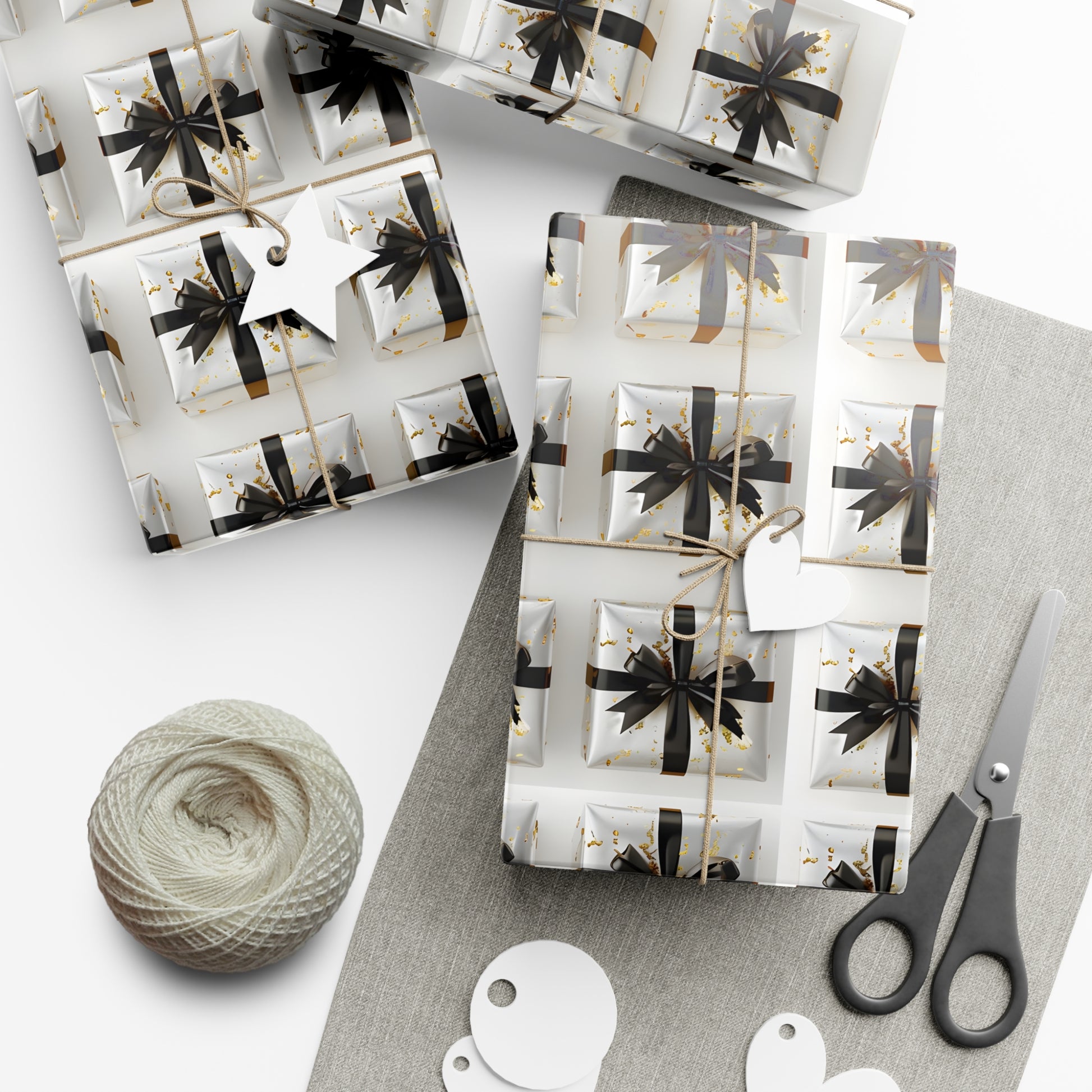 Wrapping Paper, Elegantly Wrapped Gifts On White Background with Black Bows - Gift Wrap Rolls, Eco-Friendly Gift Wrap, Holiday