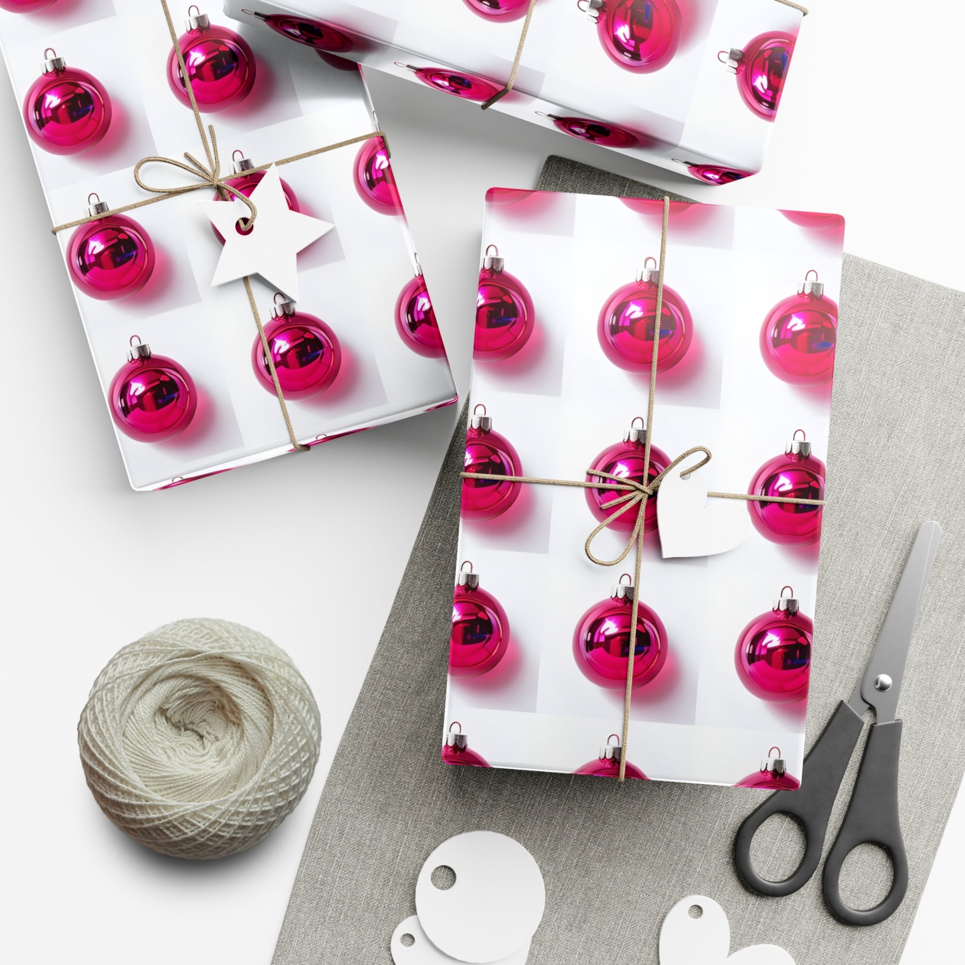 Wrapping Paper, Hot Pink Christmas Ornaments On White Background - Gift Wrap Rolls, Eco-Friendly Gift Wrap, Holiday
