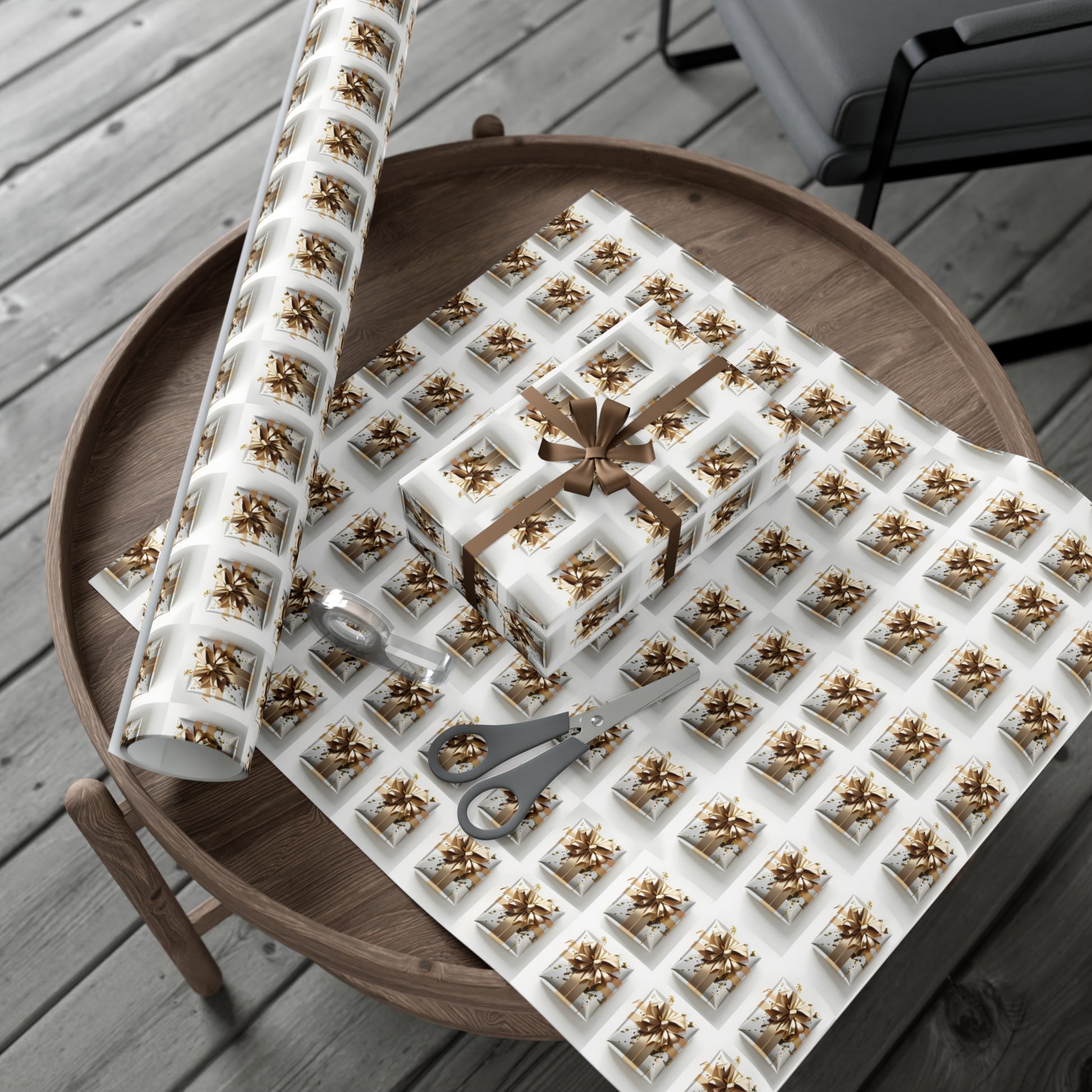 Wrapping Paper, Elegantly Wrapped Gifts On White Background with Gold Bows, Christmas Wrapping, Gift Packaging, Festive Decor, Holiday Gift