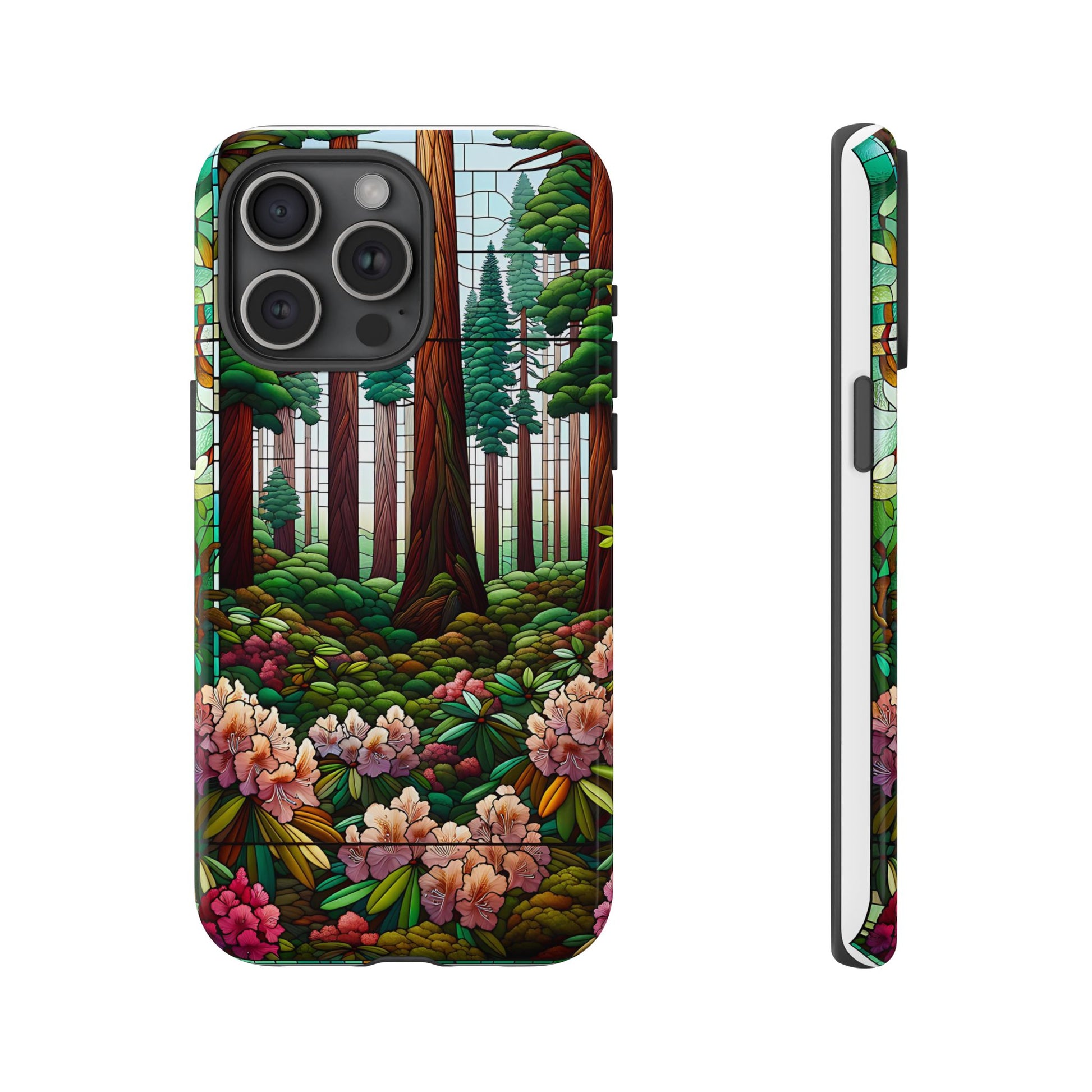 Nature Inspired Tough Cases - Redwood Trees & Rhododendrons Stained Glass iPhone Cover, Protective Phone Shell, Unique Samsung Galaxy Case,