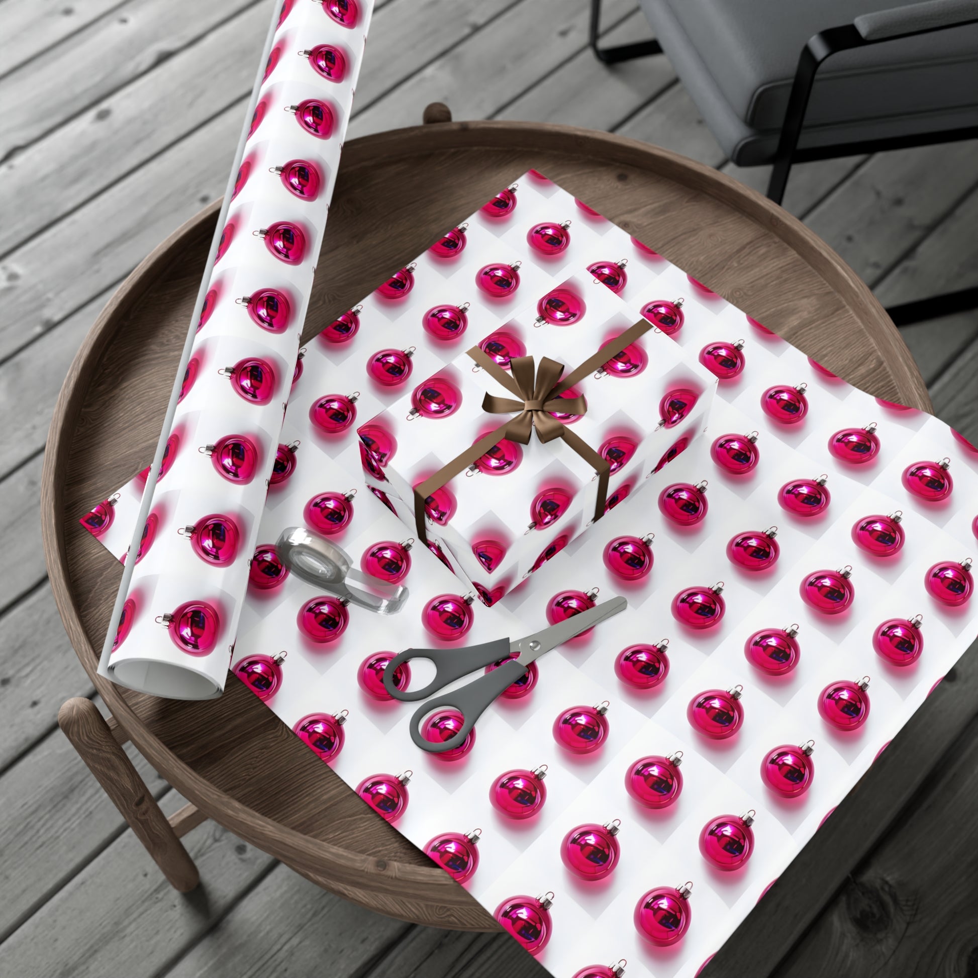 Wrapping Paper, Hot Pink Christmas Ornaments On White Background - Gift Wrap Rolls, Eco-Friendly Gift Wrap, Holiday