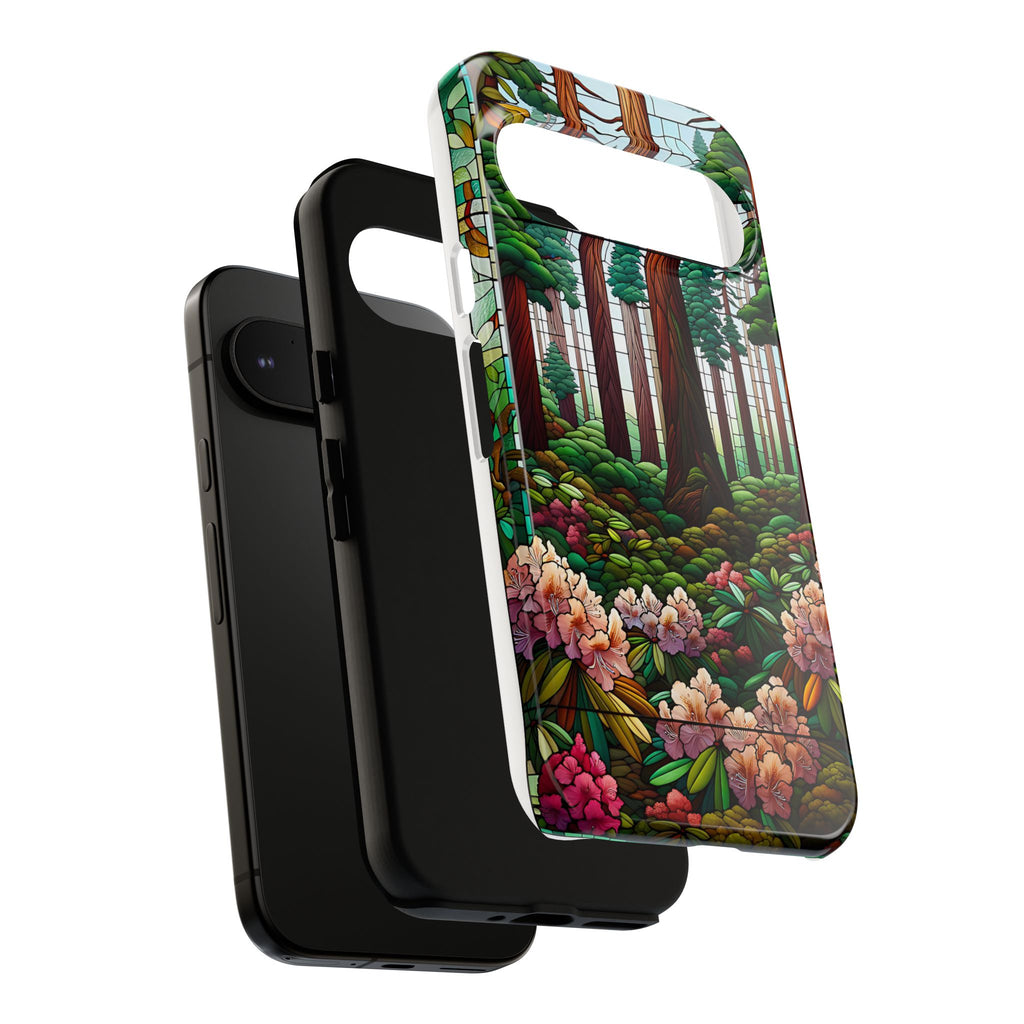 Nature Inspired Tough Cases - Redwood Trees & Rhododendrons Stained Glass iPhone Cover, Protective Phone Shell, Unique Samsung Galaxy Case,