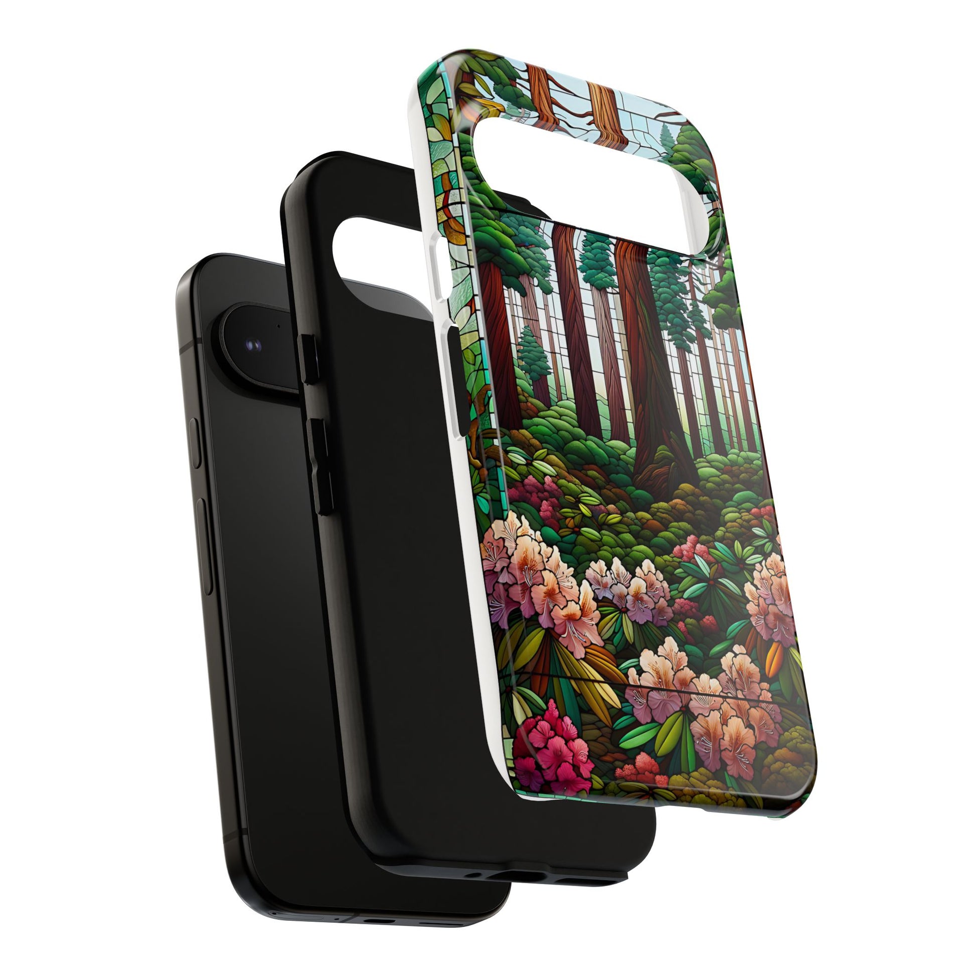 Nature Inspired Tough Cases - Redwood Trees & Rhododendrons Stained Glass iPhone Cover, Protective Phone Shell, Unique Samsung Galaxy Case,