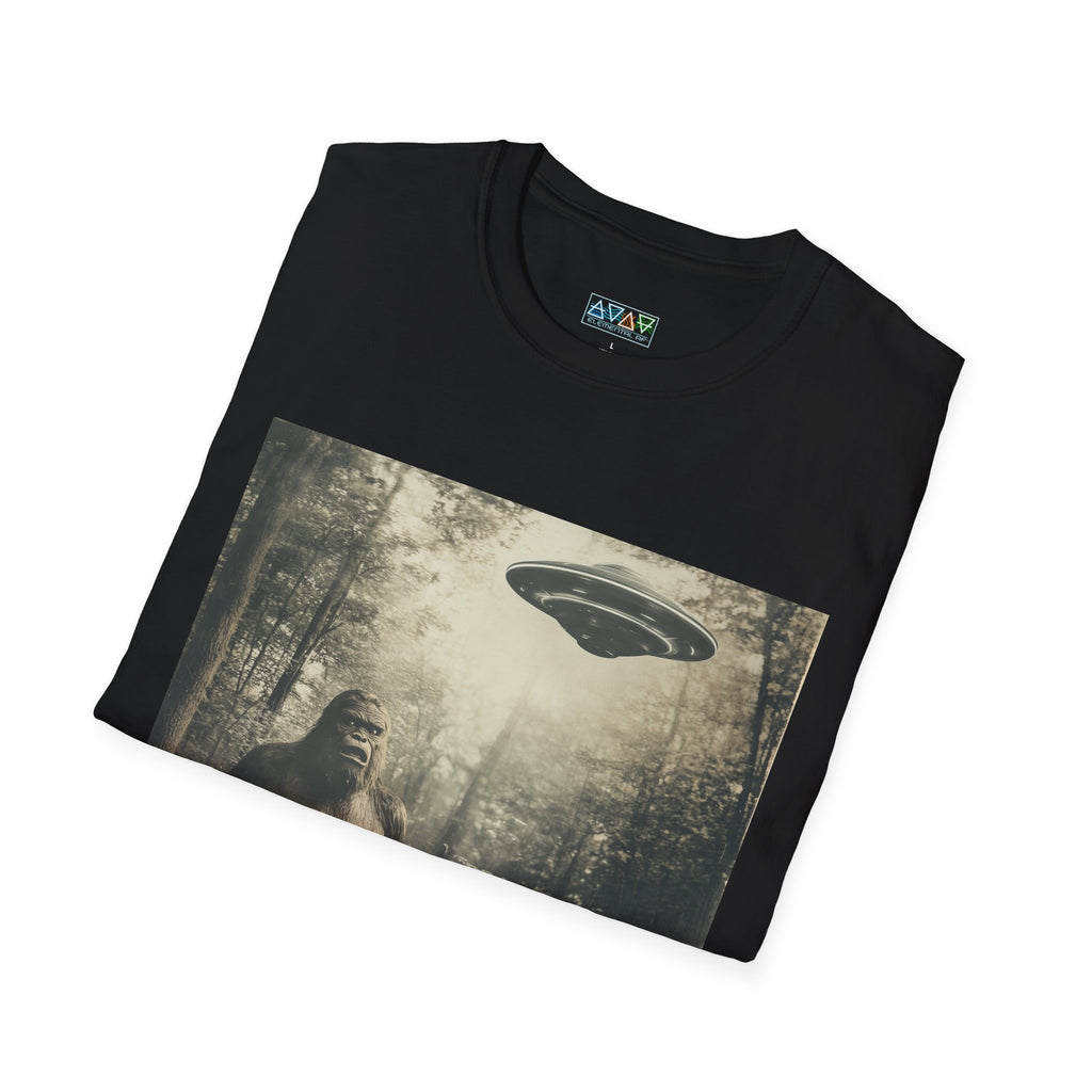 Bigfoot and UFO Unisex T-Shirt, Fun Graphic Tee for Nature Lovers, Quirky Gift for Campers, Outdoor Adventure Apparel