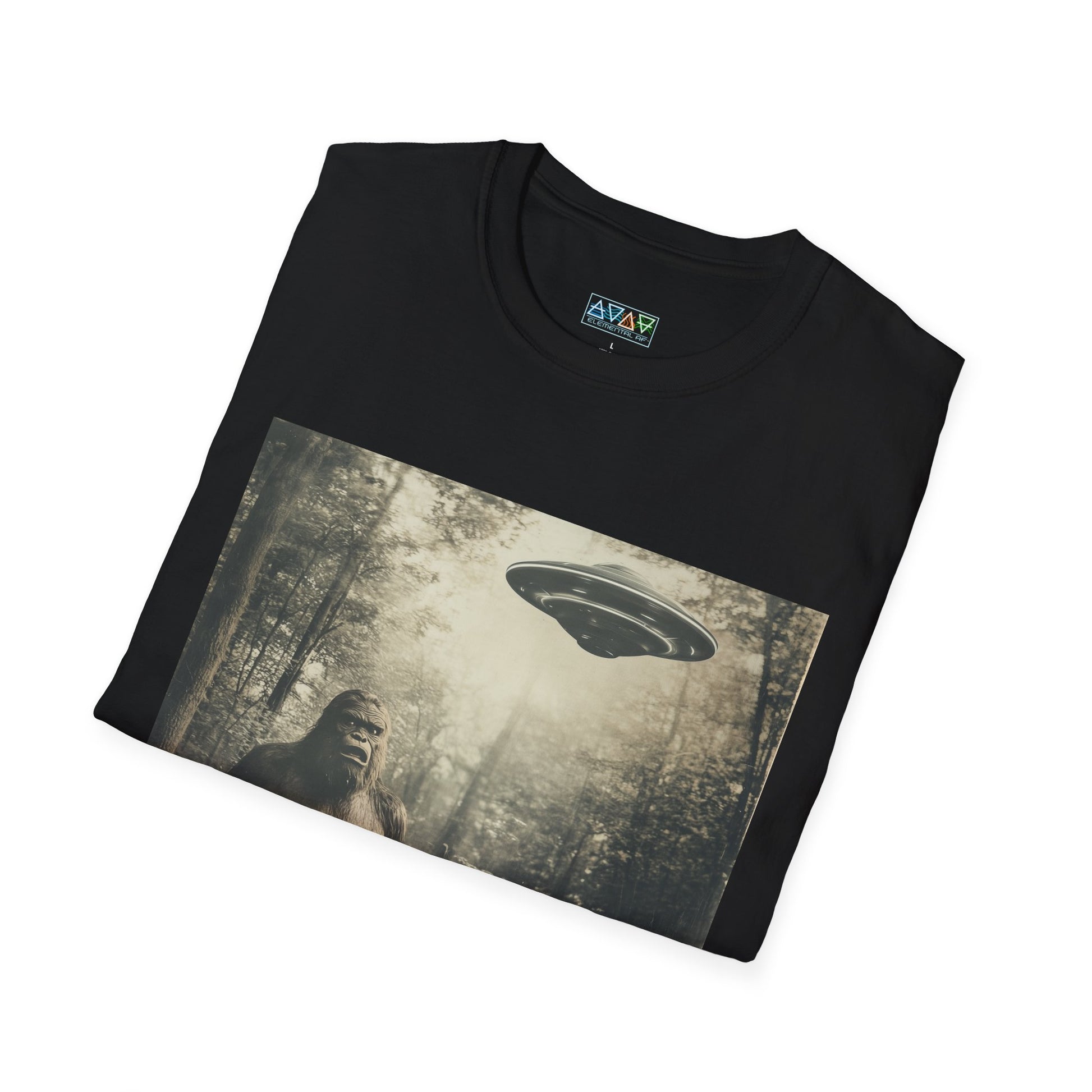 Bigfoot and UFO Unisex T-Shirt, Fun Graphic Tee for Nature Lovers, Quirky Gift for Campers, Outdoor Adventure Apparel