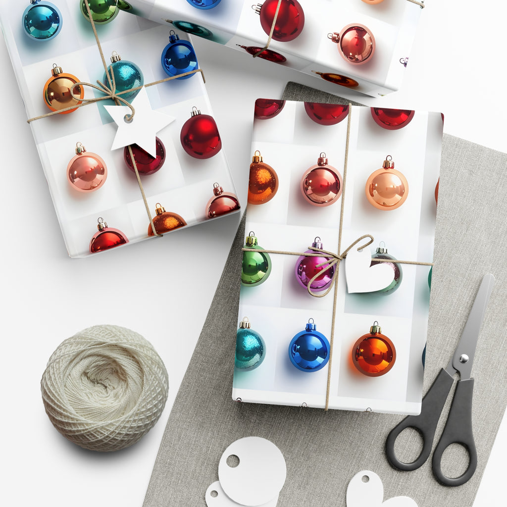 Wrapping Paper, Vibrant Christmas Ornaments On White Background - Gift Wrap Rolls, Eco-Friendly Gift Wrap, Holiday