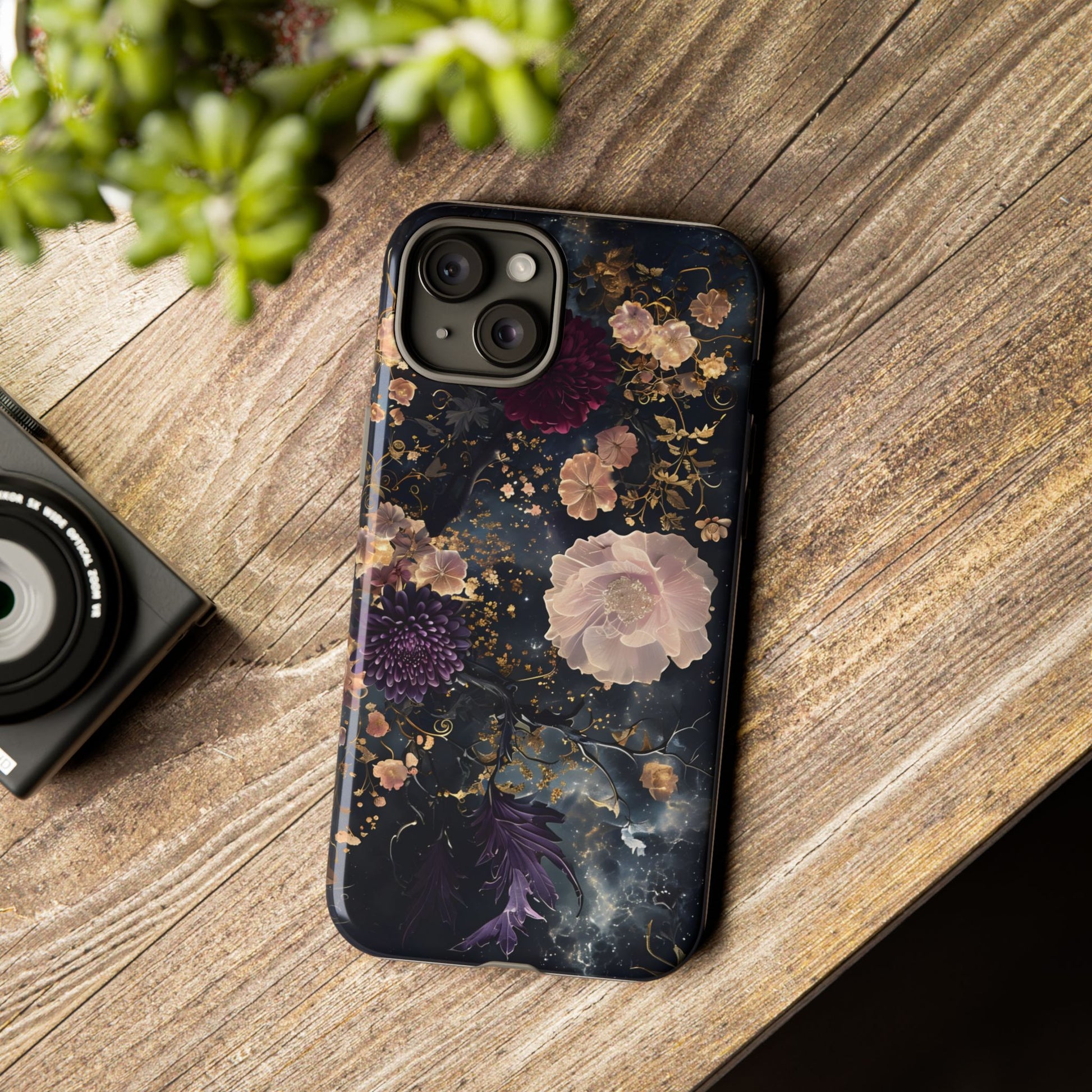 Phone Case, Whimsical Floral Pattern Against Cosmic Nebulous Background. Galaxy, Space, Tough Protective Cover, Unique Gift, Trendy