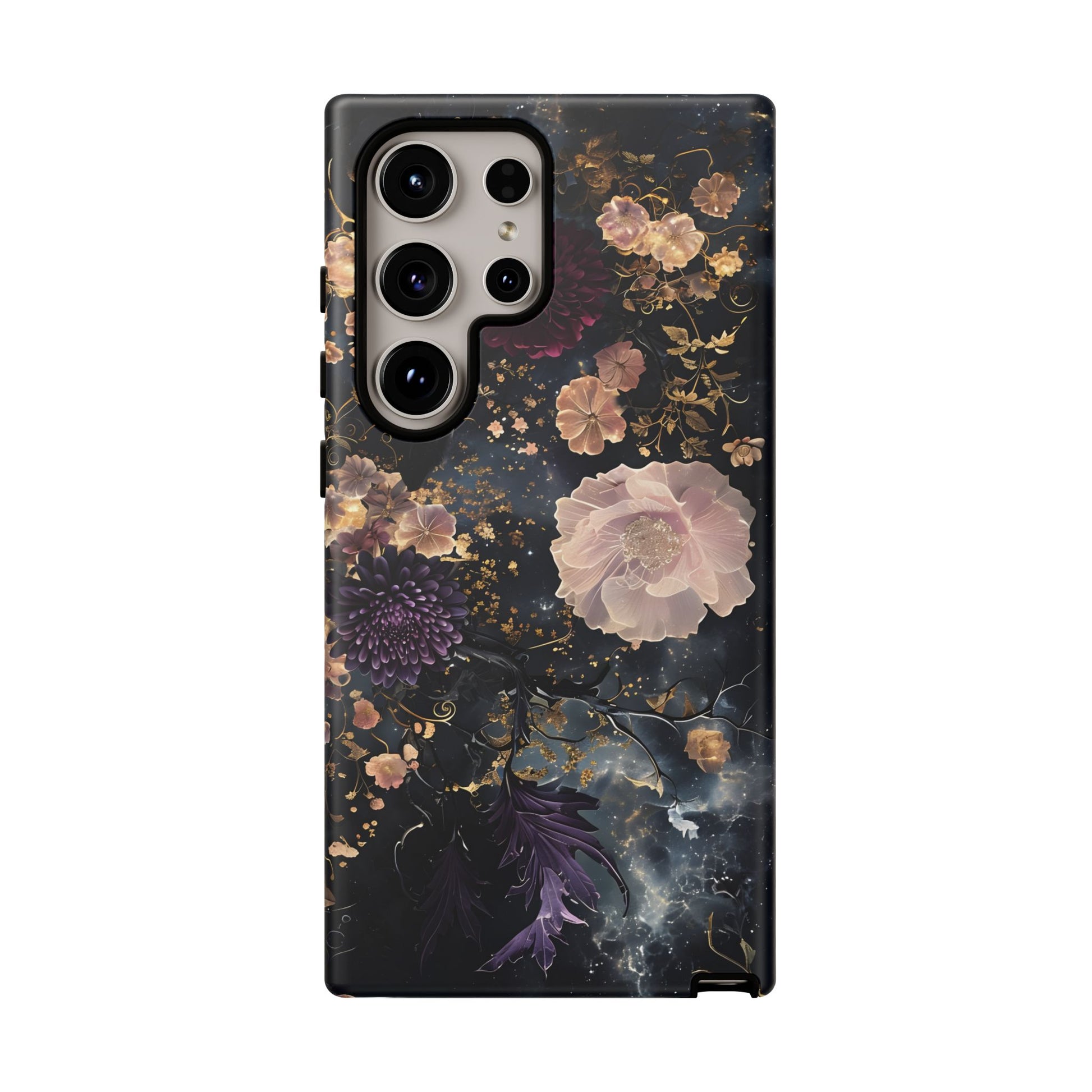 Phone Case, Whimsical Floral Pattern Against Cosmic Nebulous Background. Galaxy, Space, Tough Protective Cover, Unique Gift, Trendy