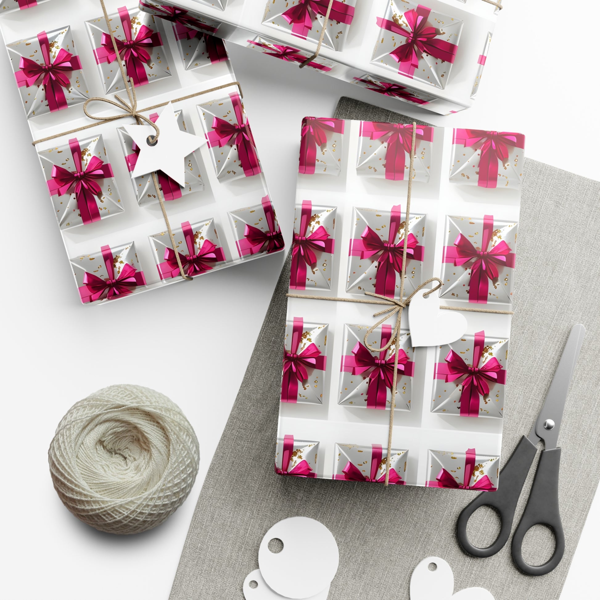 Wrapping Paper, Elegantly Wrapped Gifts On White Background with Hot Pink Bows - Gift Wrap Rolls, Eco-Friendly Gift Wrap, Holiday