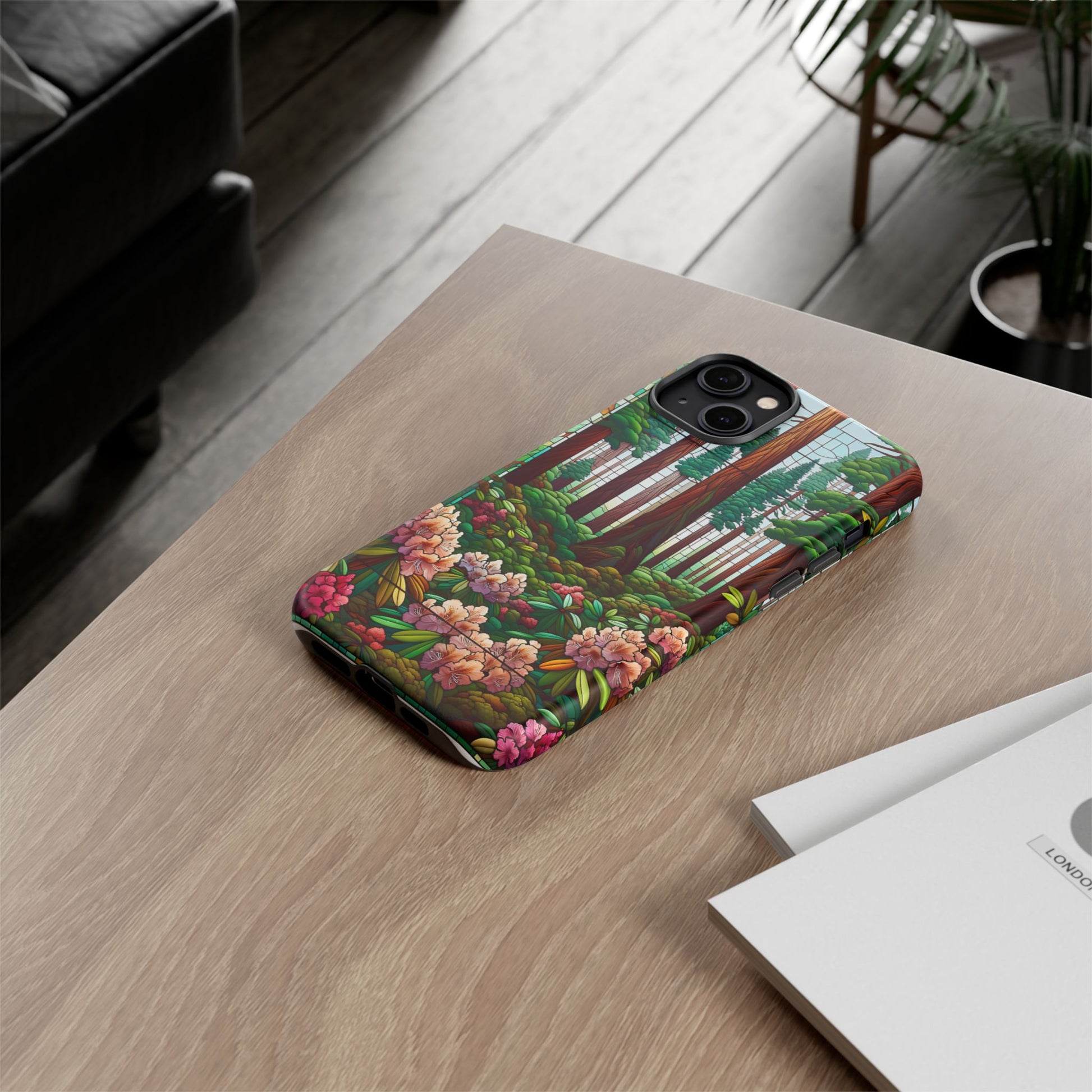 Nature Inspired Tough Cases - Redwood Trees & Rhododendrons Stained Glass iPhone Cover, Protective Phone Shell, Unique Samsung Galaxy Case,