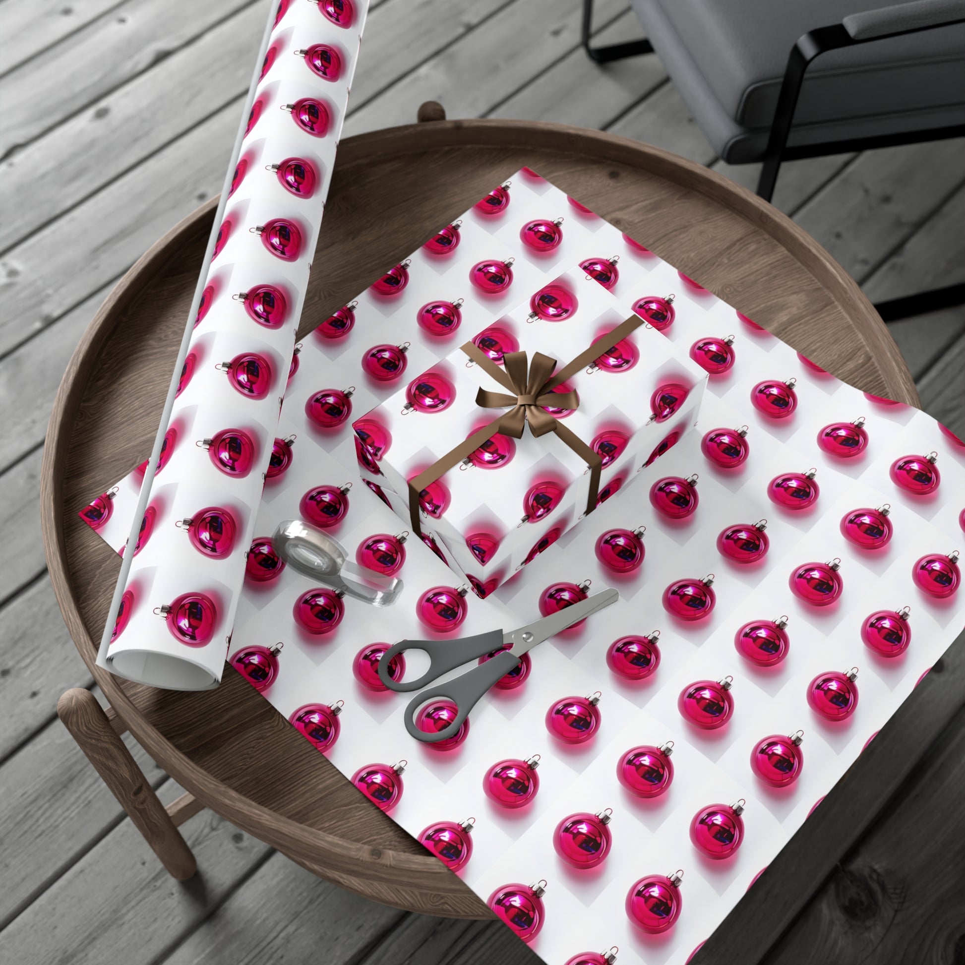 Wrapping Paper, Hot Pink Christmas Ornaments On White Background - Gift Wrap Rolls, Eco-Friendly Gift Wrap, Holiday